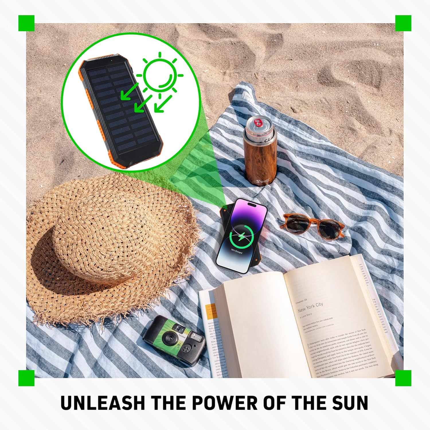 ChargeWorx Solar Power Bank placed on a beach towel under direct sunlight, with a smartphone nearby showing a charging icon.