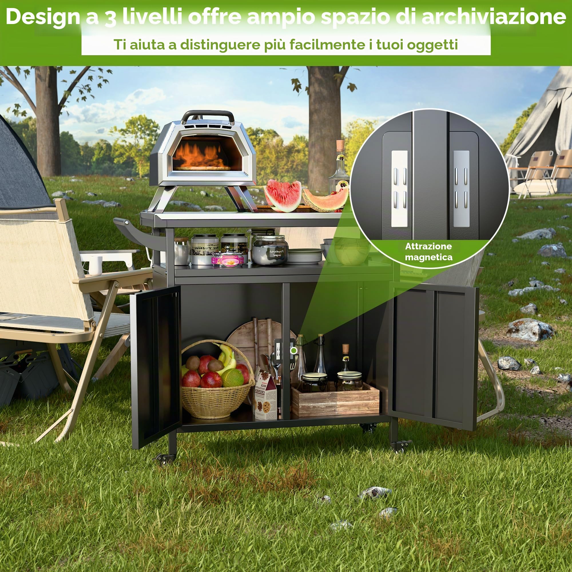 SUPEER Carrello per barbecue, tavolo per pizza con 4 ruote, 304 piani in acciaio inox, carrello per barbecue, carrello da servizio all'aperto, trolley da giardino