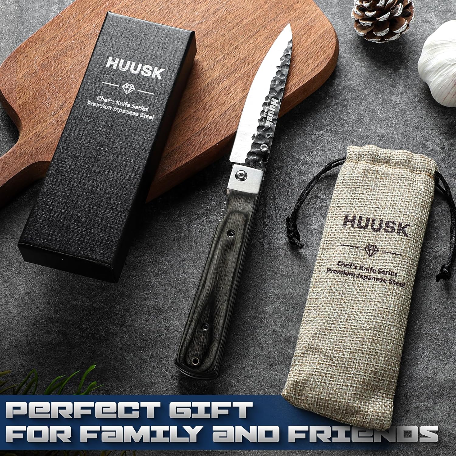 Huusk Japanese Folding Fruit Knife - Pocket Paring Knife with Ultra Sharp Blade - Hand Forged Kitchen Knives for BBQ, Camping and Travel - Gift for Men and Women