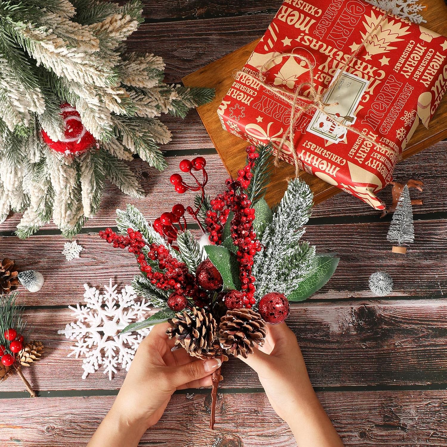 Boao 12 Pieces Glittery Pine Snowy Flower Picks Artificial Holly Red Berry Pine Cone Picks Fake Berries Pine Cones for Christmas Crafts Party Festive Home Decor (Glitter Sequins Style, 11 Inch)