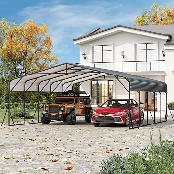Metal Carport, Carport with Reinforced Base and Galvanized Steel Roof, Heavy Duty Garage Car Shelter Shade, Outdoor Car Port Canopy 20X25 ft