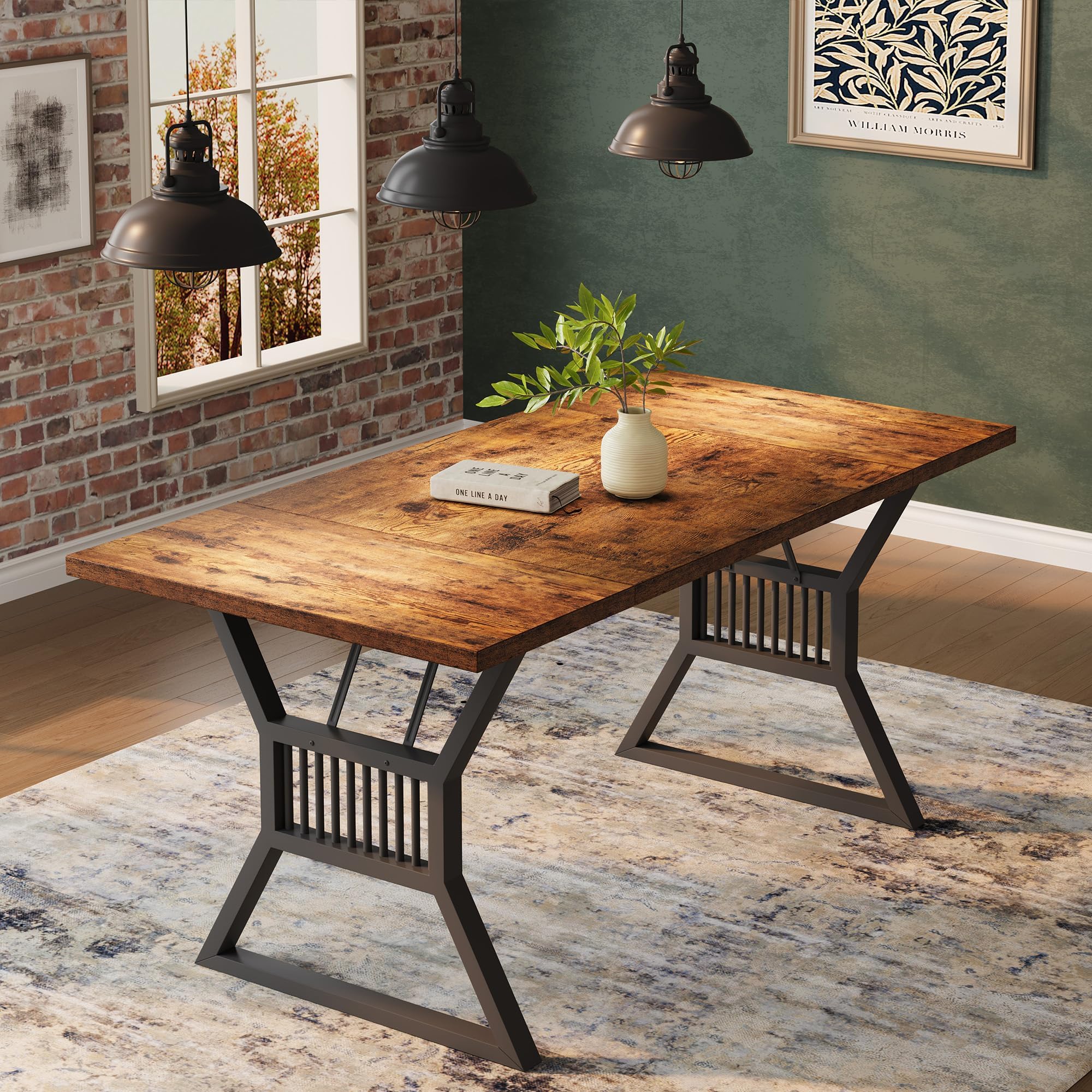 Esstisch Rechteckiger Küchentisch Für 6–8 Personen, Esszimmertisch Mit Stahl Metallgestell & Holz Tischplatte Für Esszimmer, Küche, Wohnzimmer, 180 x 75 x 75 cm