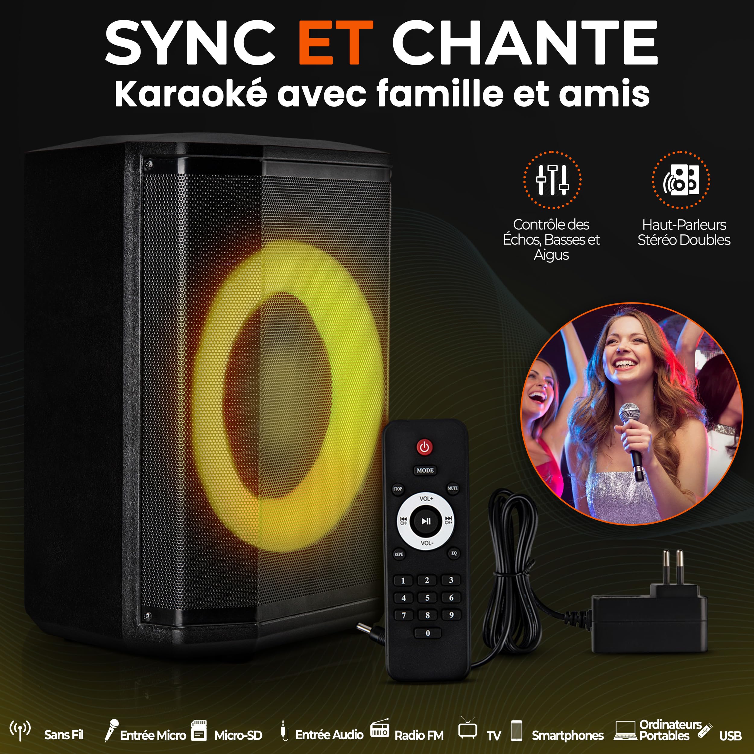 Pyle Enceinte Bluetooth Portable de Fête 120W – Enceinte Karaoké avec Woofer 8", Son Hi-Fi, Fonction TWS, Entrée Micro, USB/Micro SD/FM, Lumières LED, Batterie Rechargeable Longue Durée & Support Pied
