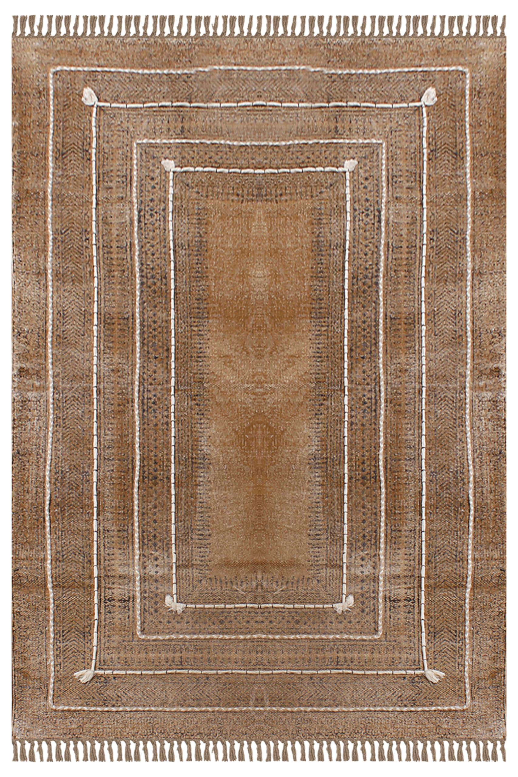 Kilim Area Rug 4x6 Bronze Brown Abstract Design Hand Block Printed Cotton Dhurrie Hand Surface Wash 0.19" Thick Handmade Boho Indoor Outdoor Use