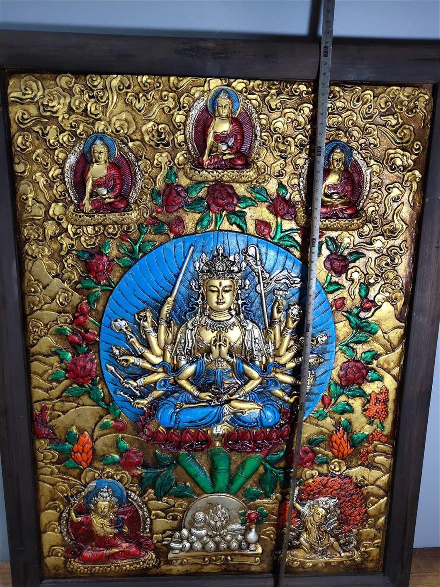 28" Tibet Buddhism Old Bronze Wooden Frame Painted Thangka Zhunti Bodhisattva Thousand Hands Guanyin Worship Amulets ThangkasStatue SurongL