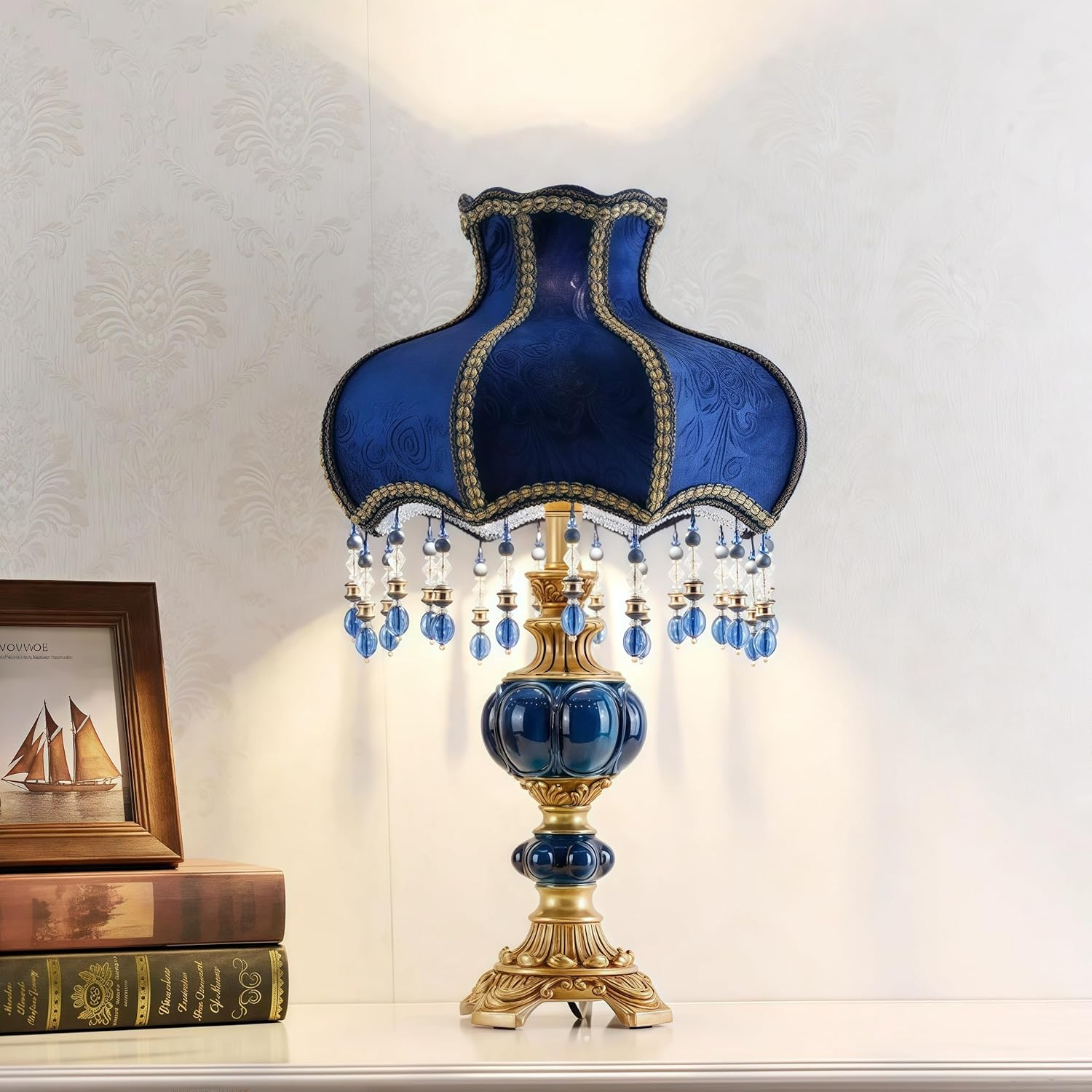 Victorian Table Lamp with LED Bulb, Blue Embroidered Fabric Shade and Resin Base, Vintage Bedside Light for Bedroom or Living Room, 21.6 Inch