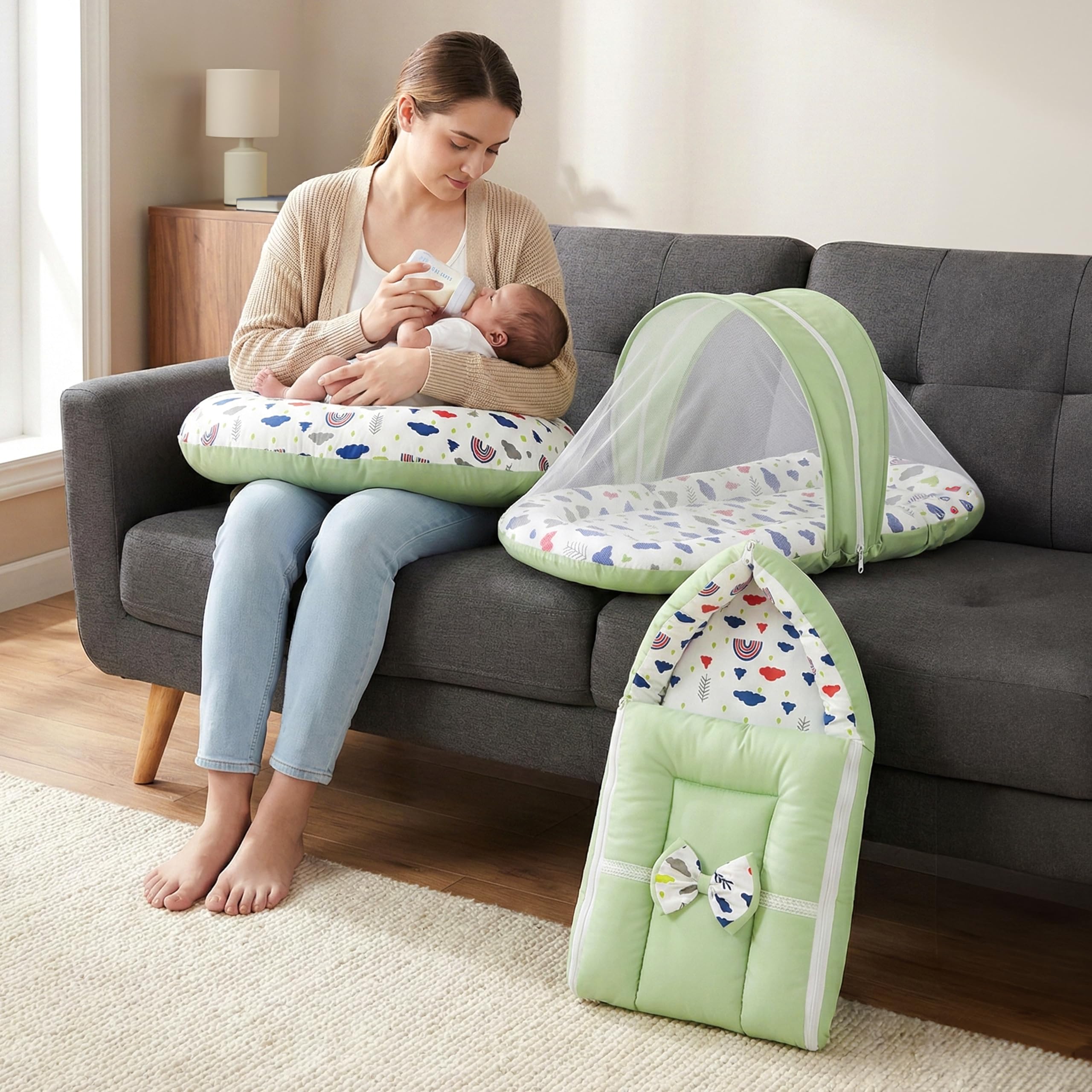 Beetot Milo 3 in 1 Baby Bed Set with Mosquito Net, Baby Lounger Nest & Feeding Bed | Pure Cotton | Up to 6 Months | Baby Bedding Combo (Mint Green)-image-2