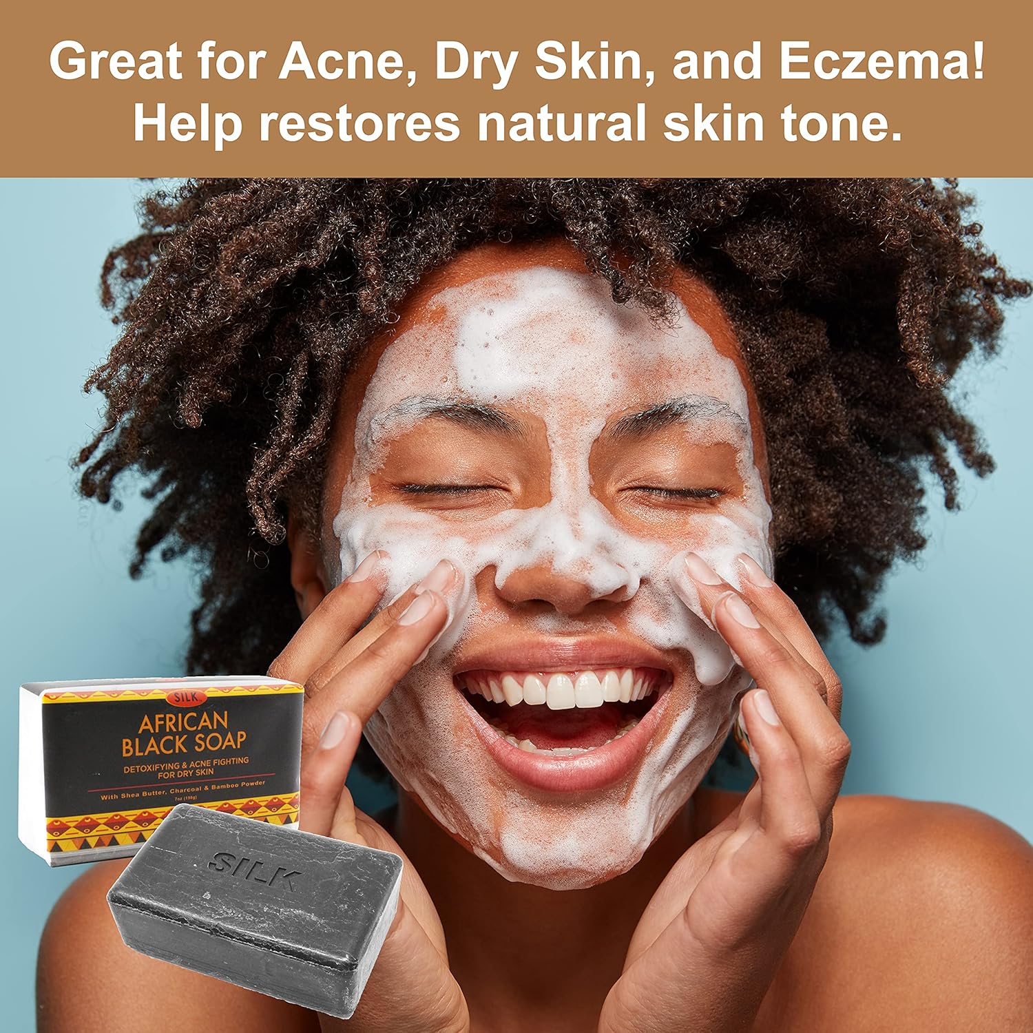 Silk African Black Soap (7 oz) for Face & Body for Detoxifying, Acne, Dry Skin, Eczema with Shea Butter, Charcoal & Bamboo Powder (6 PACK)