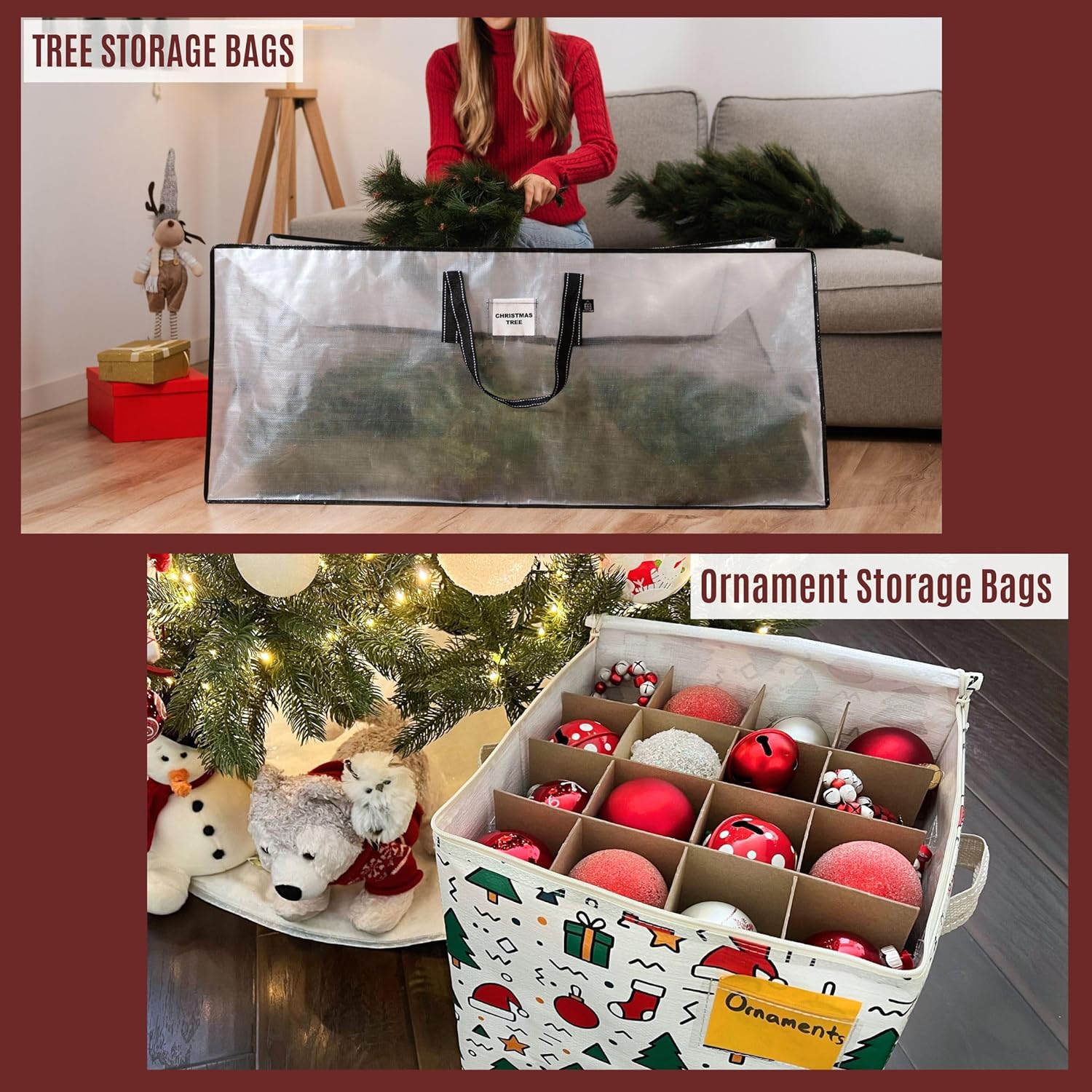 VENO 3 Pack Christmas Ornament, Tree Storage Bags (1 Pack 7.5 ft Tree Storage + 2 Pack Ornament Storage Boxes)