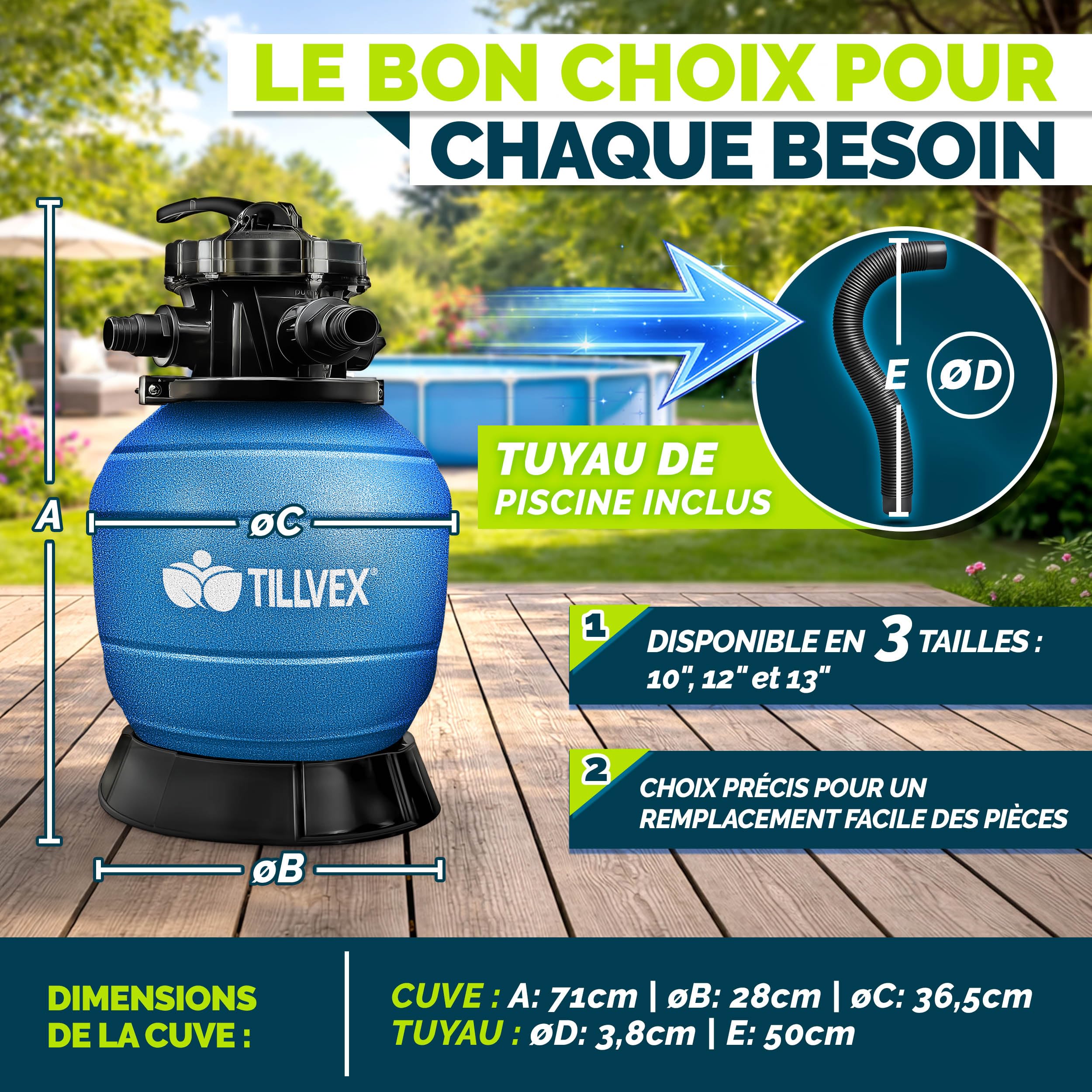 tillvex® Filtre à Sable pour Piscine sans Pompe + Billes filtrantes jusqu'à 50 m³ (50.000 litres) | Cuve Filtre Piscine INCL. Adaptateur Ø32-38mm | Vanne 7 Voies, manomètre & Tuyau d'aspiration
