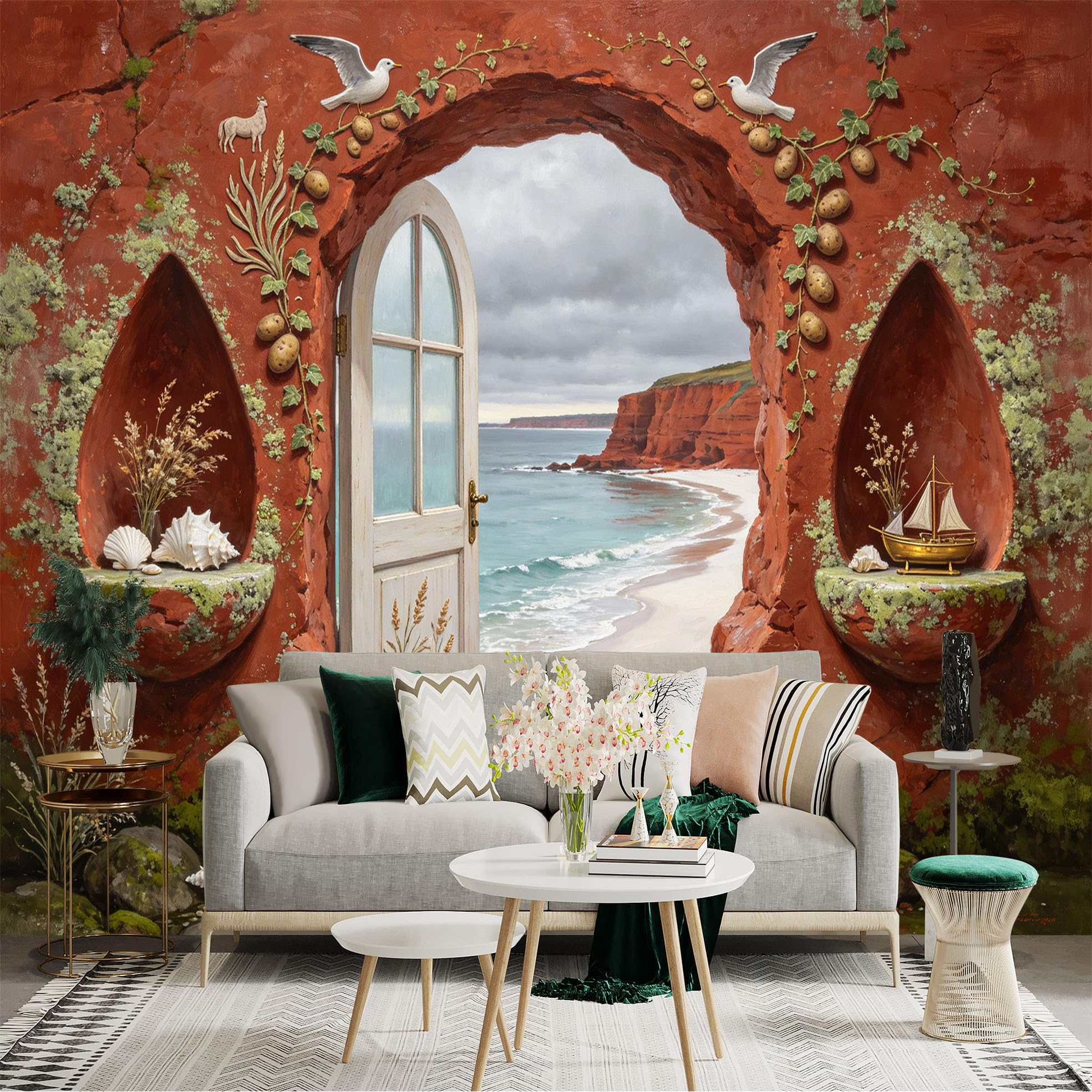 Custom Size Wall Sticker Mural， Coastal Cave Doorway， Ocean Beach Cliffs and Seaside Landscape， for wall Decoration， peelandstick wall Decals.
