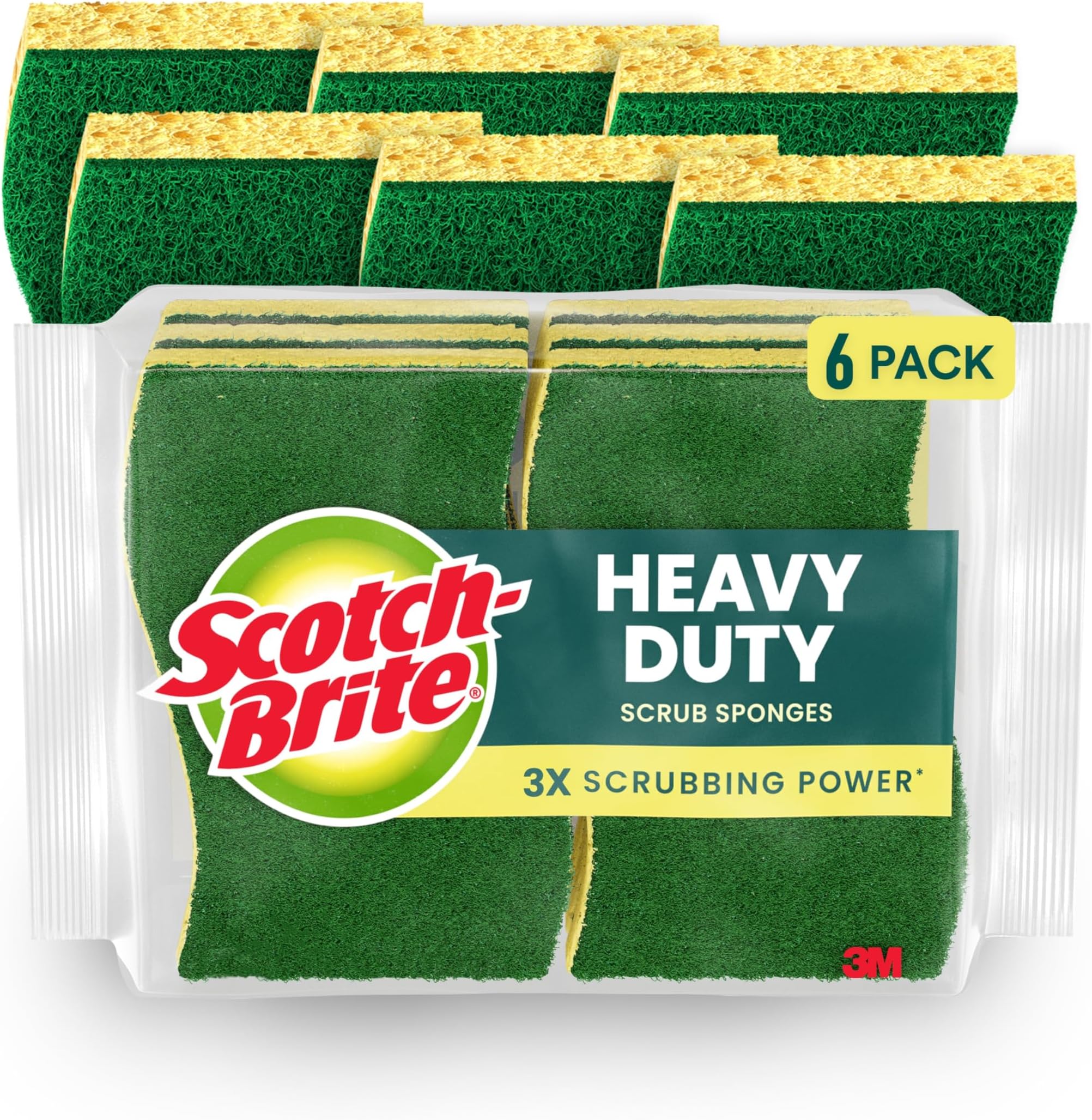 Heavy Duty Scrub Sponge, 6 Kitchen Sponges Designed for Tough Messes in the Kitchen that Last 3X Longer*, Best for Cast Iron Skillets and Outdoor Grills, Flexible, Durable, and Strong