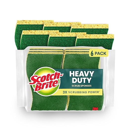 Scotch-Brite Heavy Duty Scrub Sponge, 6 Kitchen Sponges Designed for Tough Messes in the Kitchen that Last 3X Longer*, Best for Cast Iron Skillets and Outdoor Grills, Flexible, Durable, and Strong