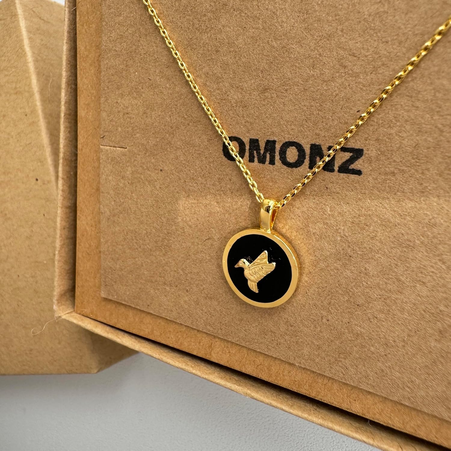 Hummingbird Pendant Bird Coin Charm Necklace Black Disc Medal Circle Pendant Bird Necklace 18K Gold Dipped