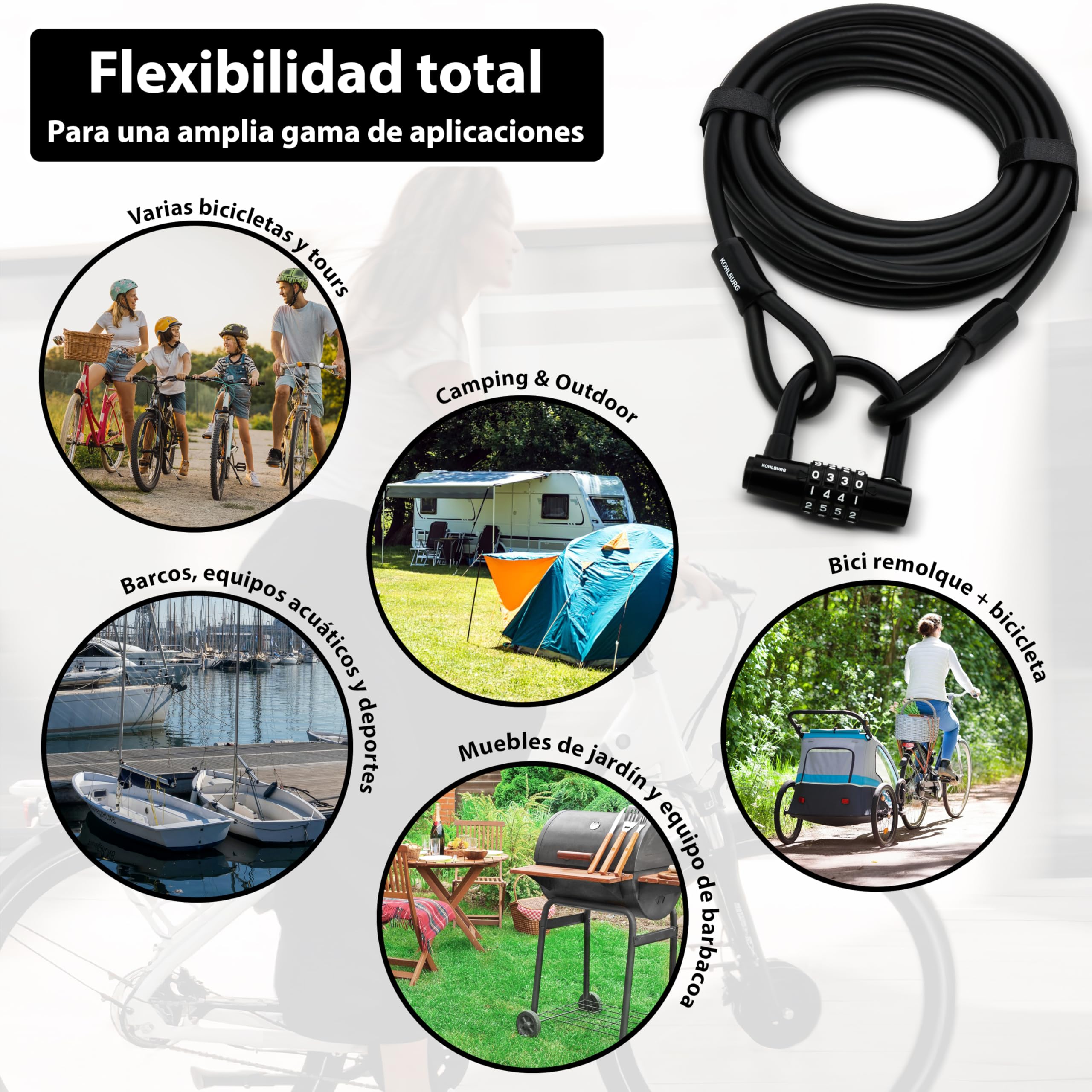 KOHLBURG Candado de cable con combinación [10 metros de largo] – Cable de acero de 10m revestido, con correas y candado de combinación – para varias bicis, embarcaciones, muebles de jardín