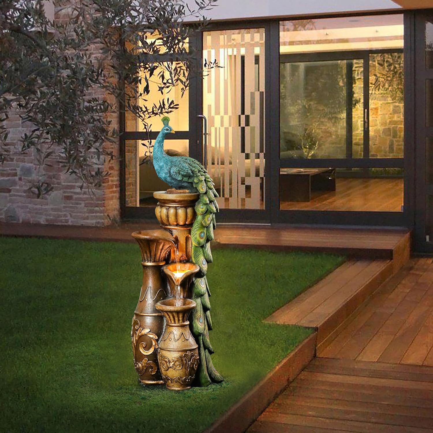 Peacock and Urns Resin Outdoor Fountain with LED Lights