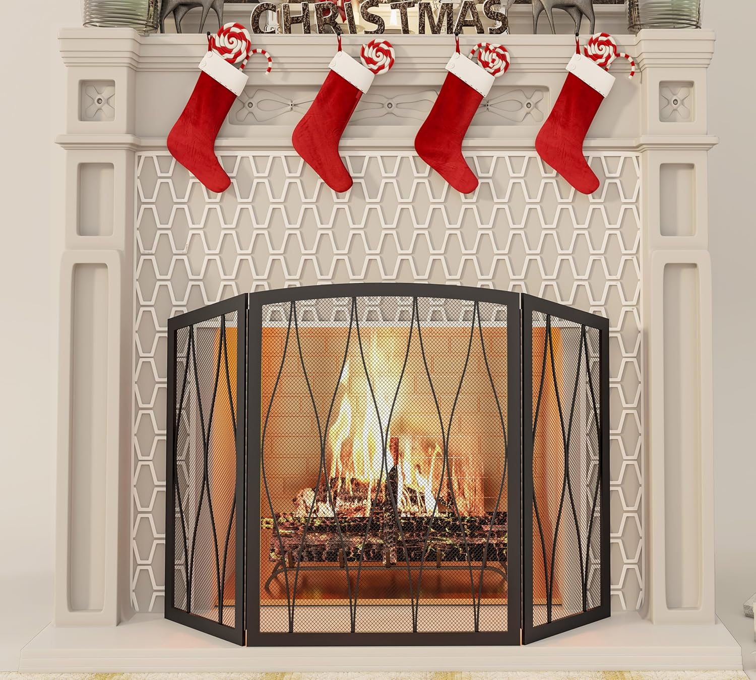 Kingson Childproof Fireplace Screen 3- Panel Modern Handcrafted Wrought Iron Foldable Metal Mesh, Heavy Duty Decorative Fireplace Spark Guard Cover for Living Room Home Decor Black Finish