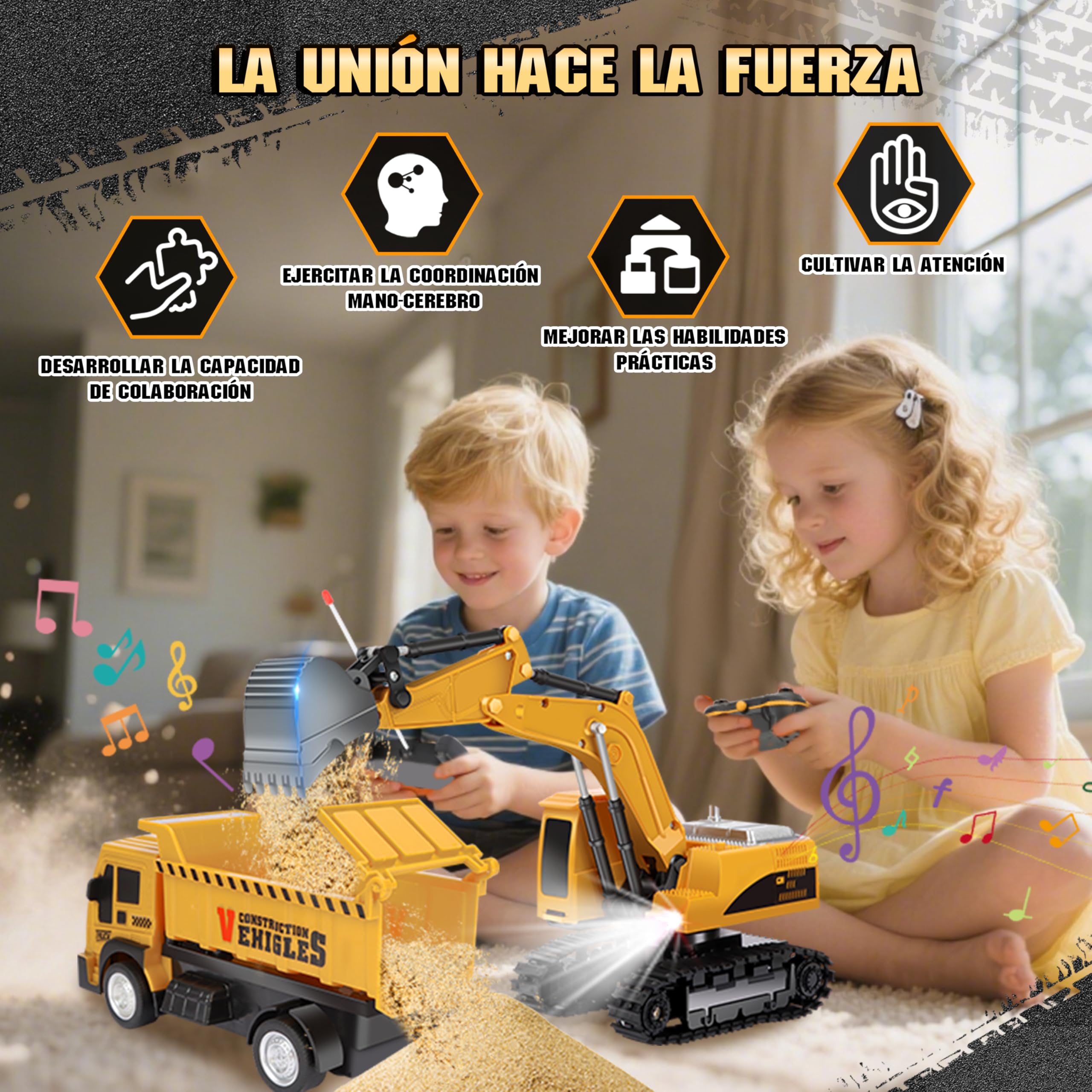 Charmofun Excavadora Teledirigida con Vehículo Teledirigido, 2,4 GHz Excavadora RC con Luz y Sonido, Coches Juguete Radiocontrol para Niños y Niñas Mayores de 3 Años, Juguete Construcción Regalo Cumpl