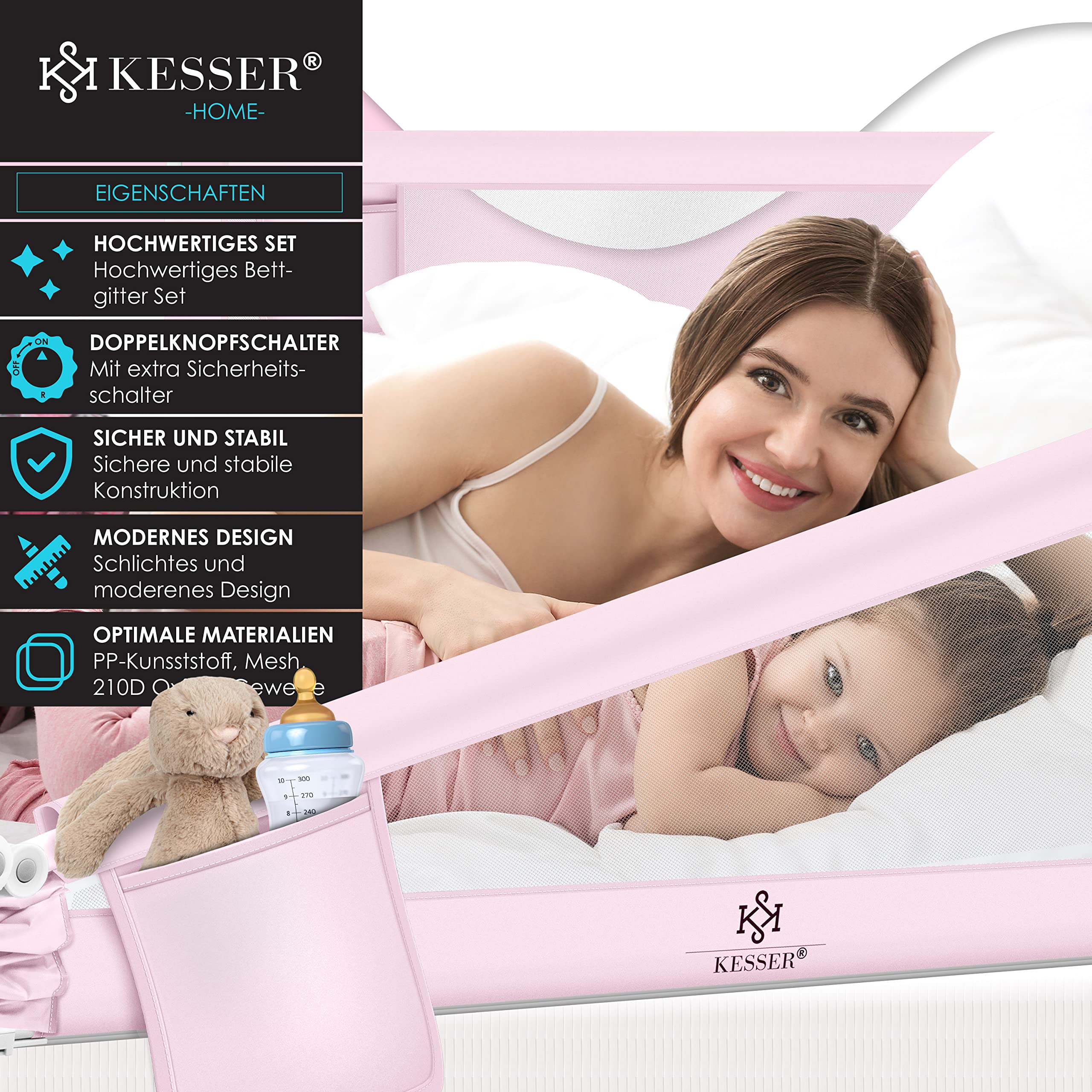 KESSER® Barrera de Cama de 180cm, para niños, Plegable, para Cuna, Cama Infantil, Protección contra Caídas, Cama y Cama con somier Alto: 72 hasta 96 cm, Rosa