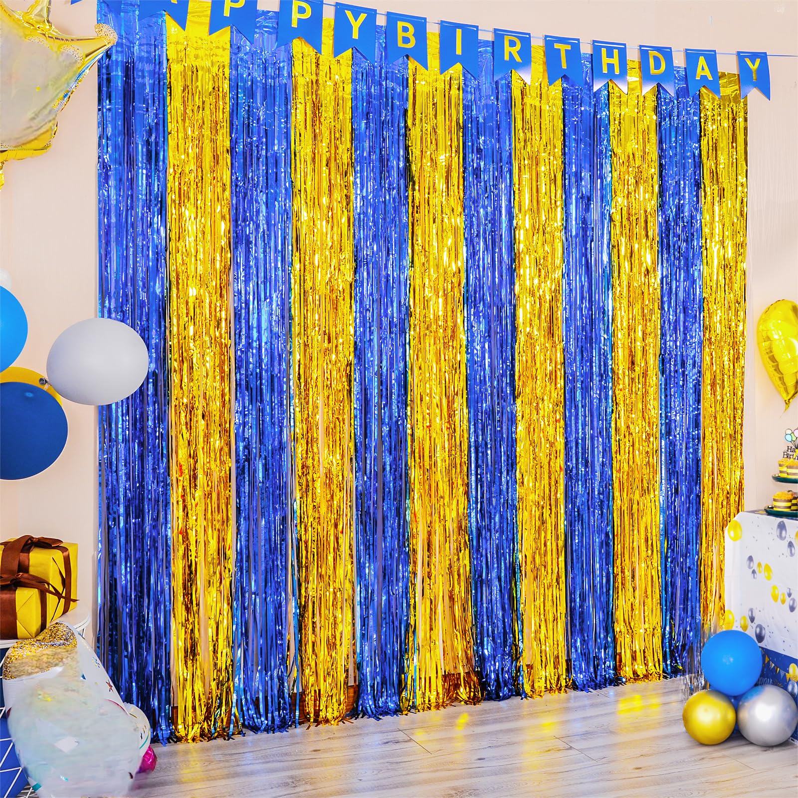 LOLStar 2 Pack Navy Blue and Gold Party Decorations, 3.3x6.6 ft Foil Fringe Curtains, Tinsel Backdrop, Graduation Photo Booth Prop Streamer Backdrop