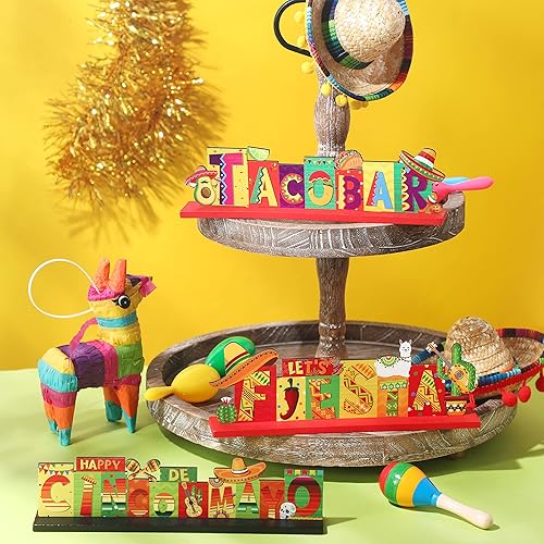 Miniatura 3 de Qunclay 3 piezas de mesa mexicana fiesta centro de mesa cartel Cinco de Mayo letreros de mesa sombrero llama Maracas centro de mesa de madera para