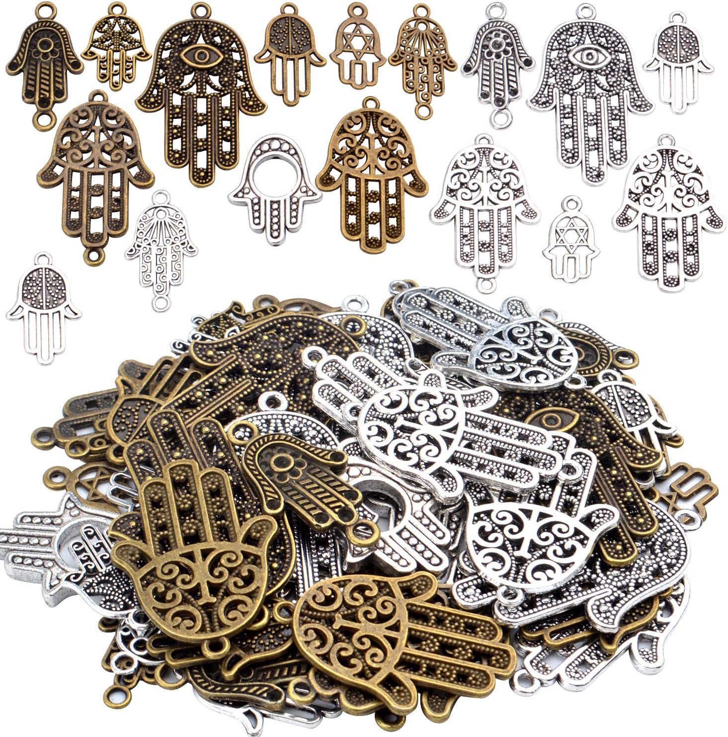 Aylifu Hamsa Hand Charms, 120g(About 51 Pieces) Hand of Fatima Symbol Charms Pendants Hamsa Hand Beads for Jewelry Making Findings DIY Necklace Bracelet - 17 Styles