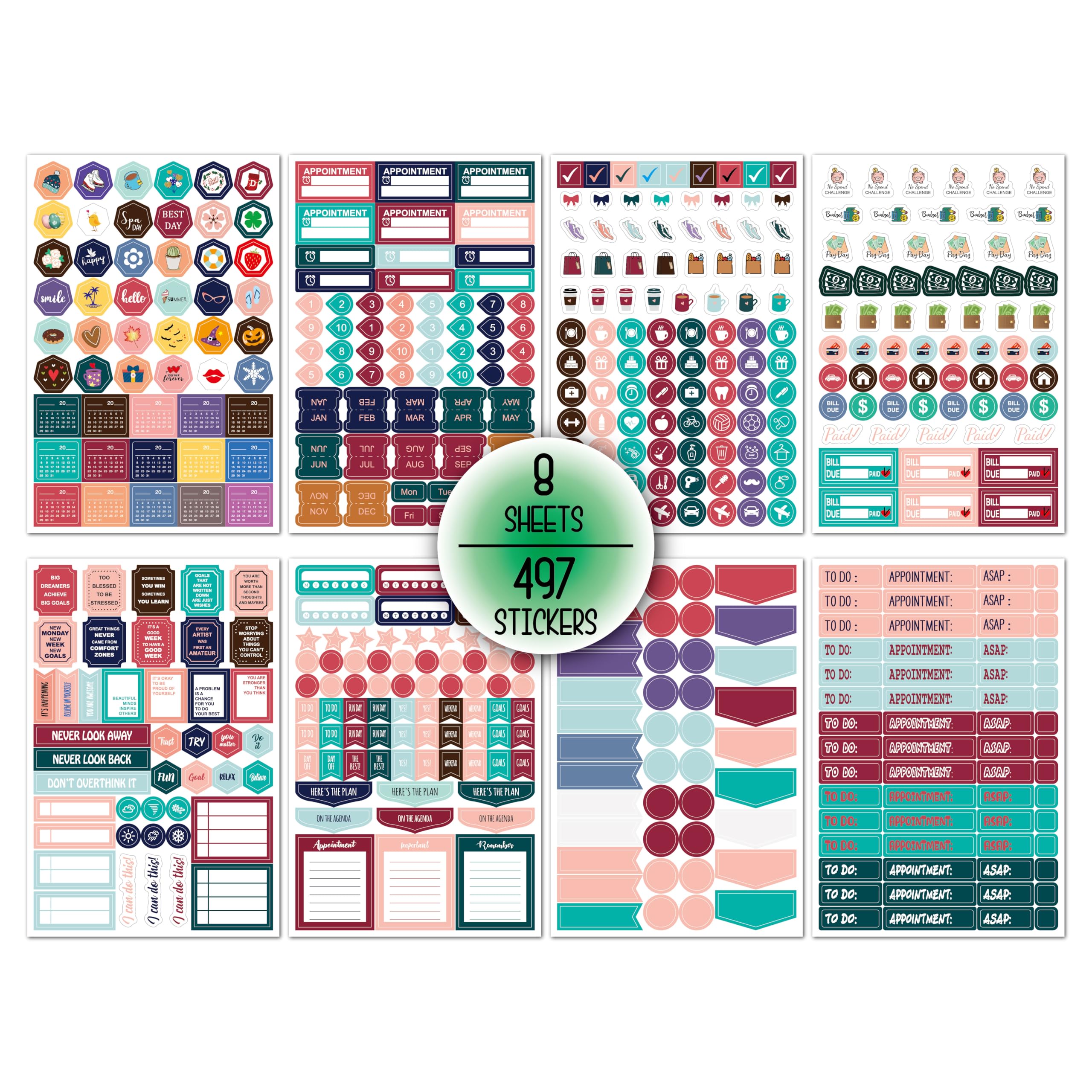 Planner Stickers,8 Sheets 497+ New Monthly Daily Planners Vintage Holiday Seasonal Happy Scrapbook Supplies Sticker Calendar Journaling Stickers Gifts for Adults Kids