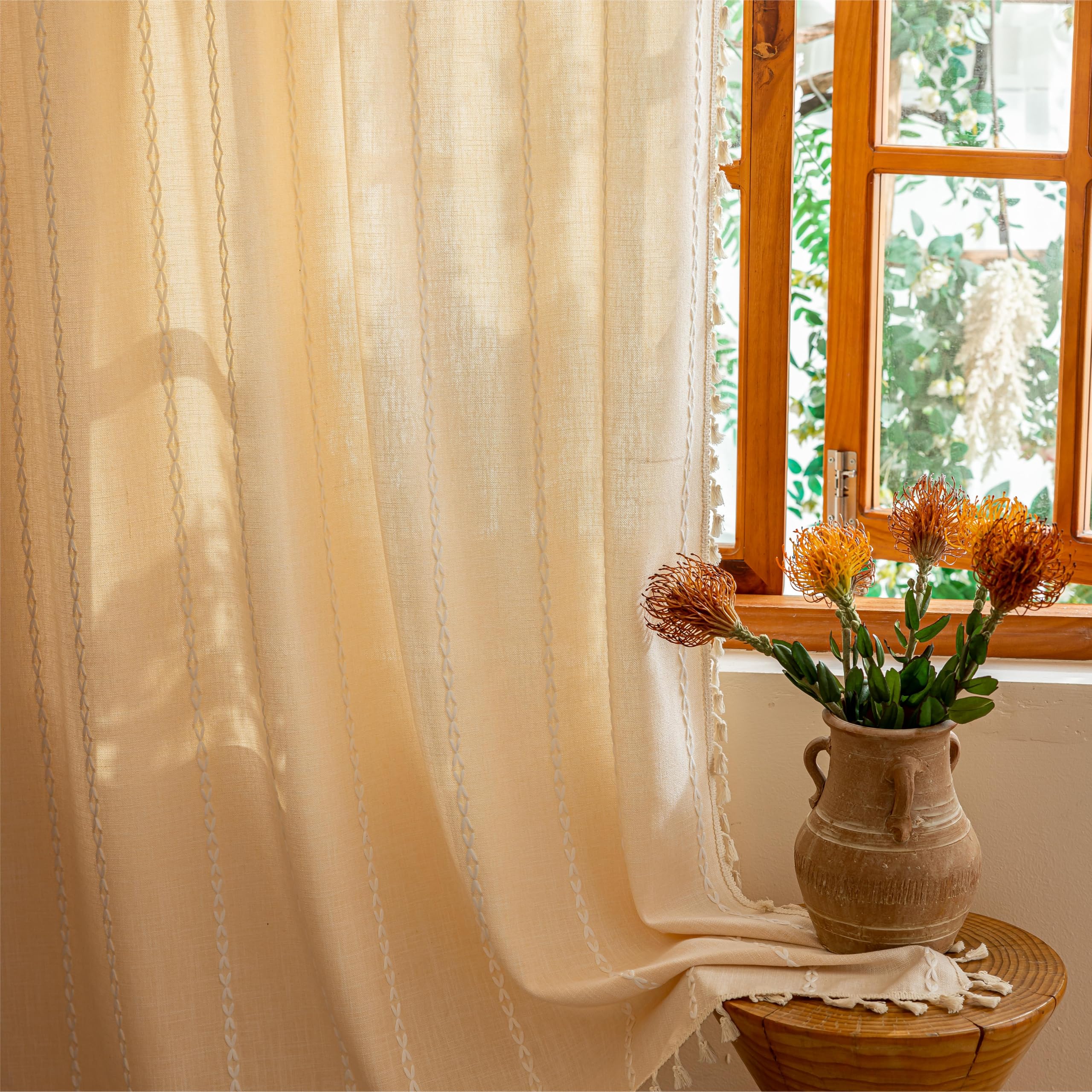 Sutuo Home Boho Curtains for Bedroom Dining Room Kitchen Semi Blackout Linen Farmhouse Shabby Chic Tassels Window Treatment Bohemian Embroidery Curtain Rod Pocket 1 Panel (B — image 1