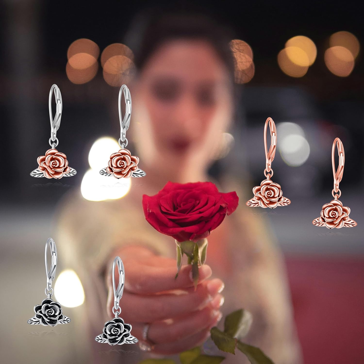 Rose Dangle Drop Earrings 925 Sterling Silver Rose Leverback Earring Jewelry for Women - Image 5