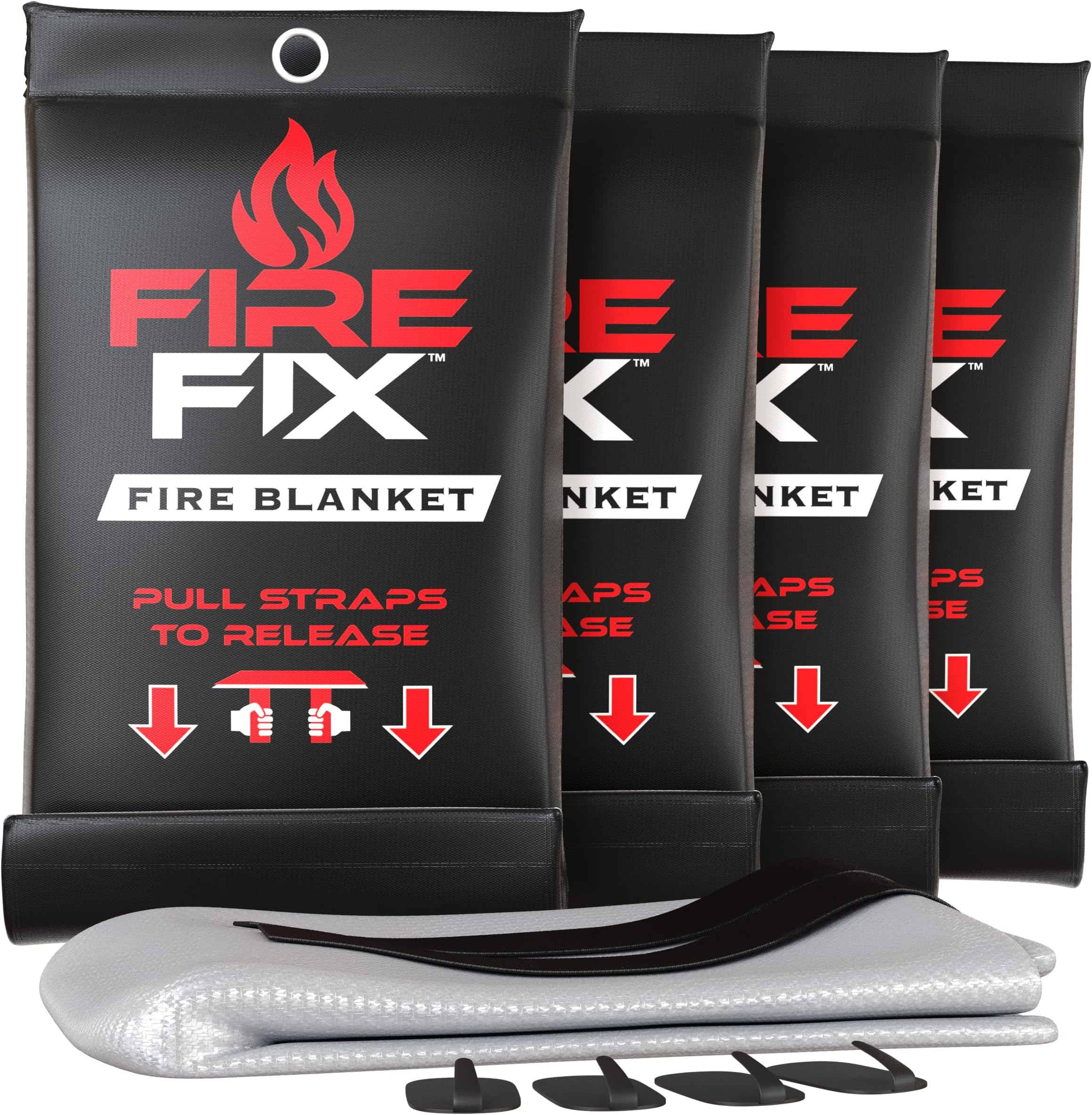Emergency Fire Blanket for Home & Kitchen | 4-Pack + Mount | Fire Extinguisher for Camping Gear, Car Safety, Hiking, Survival Kit & Welding | Flame Retardant Preparedness Supplies 39" x 39"