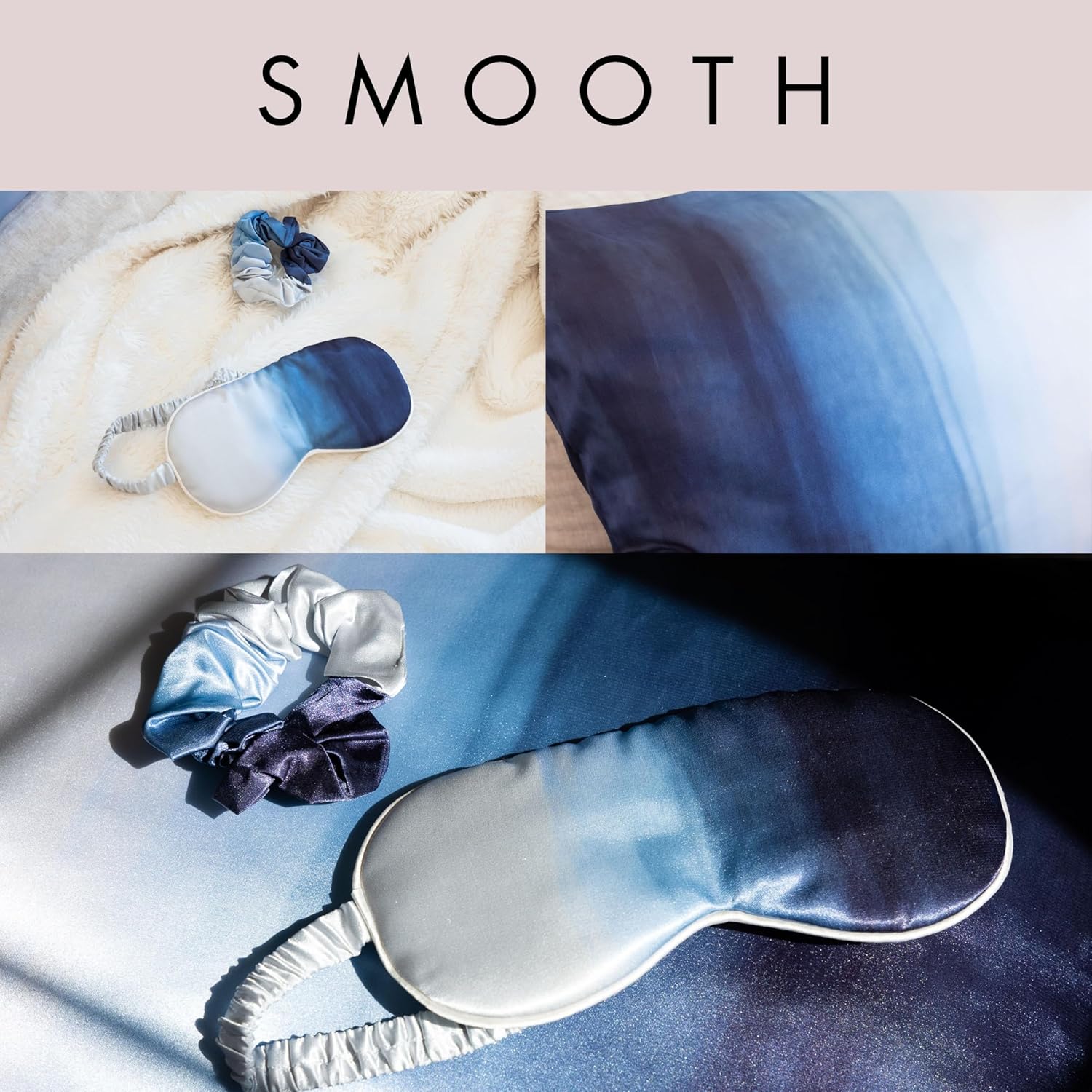 Fenrici Luxury Satin Pillowcase Gift Set – Includes Eye Mask & Scrunchie, Pure Vegan Silk for Hair & Skin Care, Elegant Blue Ombre Design, Standard Size, Gift for Mom, Daughter, Girlfriend!