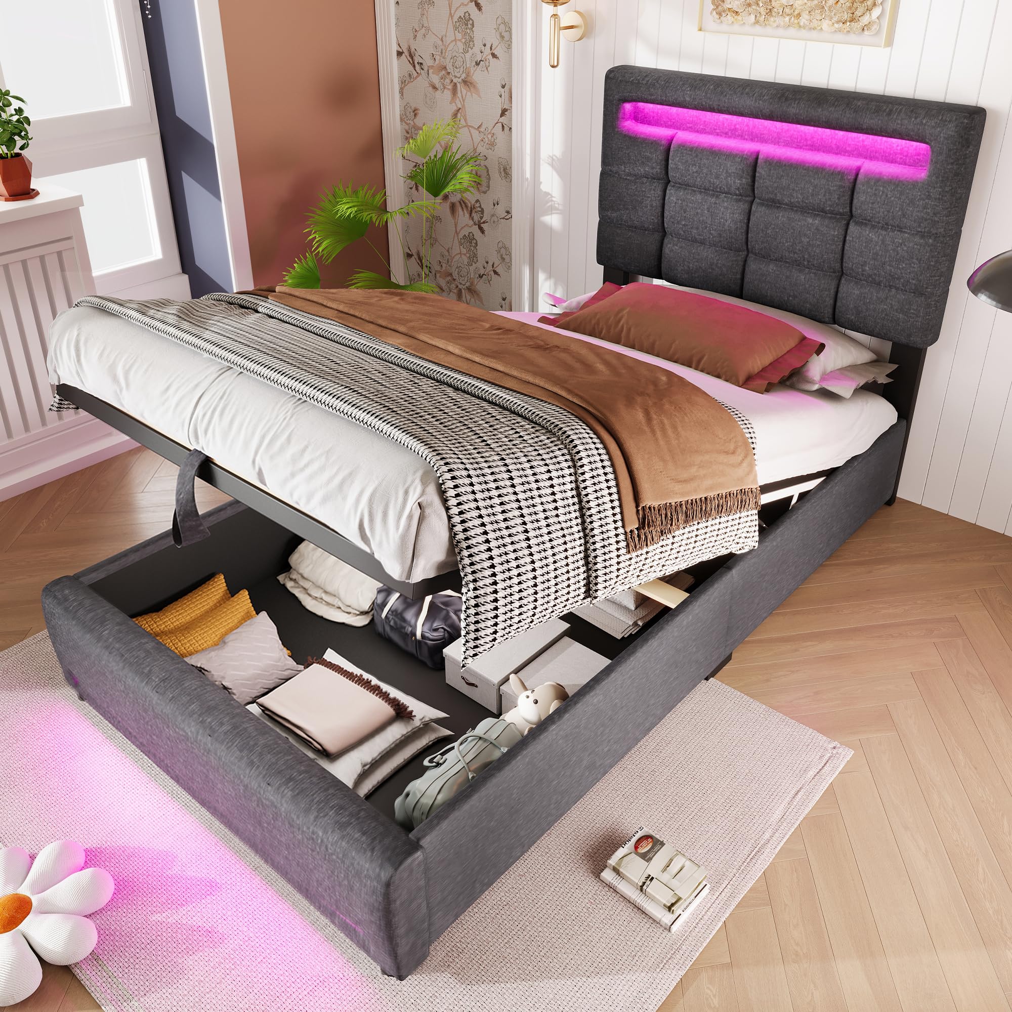 Letto Singolo con Contenitore 90x200 cm con LED e USB, Letto imbottito con Testiera e vano portaoggetti, Letto Contenitore con rete a doghe, Struttura Letto Singolo lino grigio