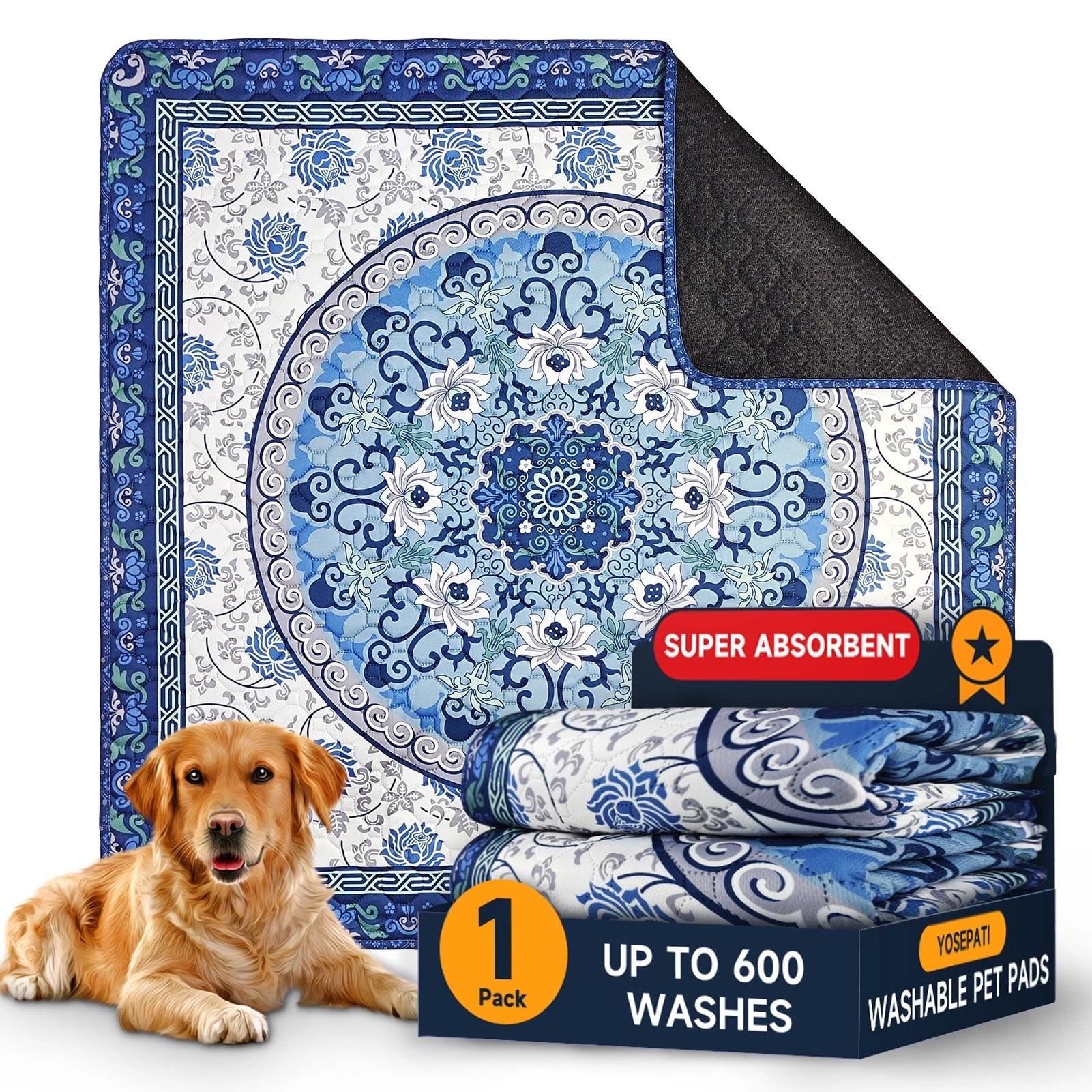 YOSEPATI Washable Pee Pads for Dogs,182x182cm Waterproof Non-Slip Reusable Puppy Pad with Fast Absorbent,Leakproof Whelping Pads for Pet Housebreaking (Indigo Blue Medallion, 182x182cm(Pack of 1))