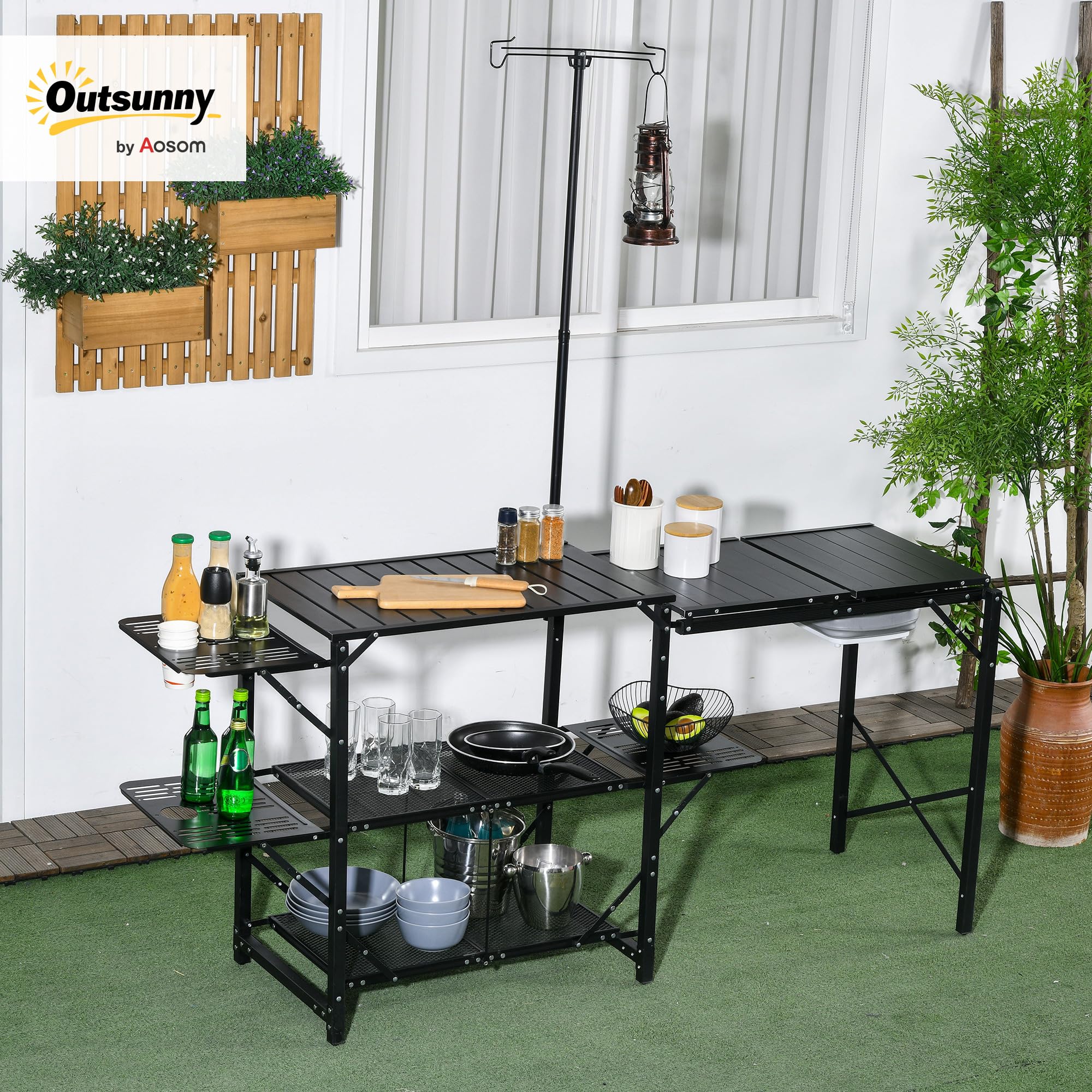Outsunny Mesa de Cocina de Camping de 3 Niveles, Mesa de Camping Plegable Portátil con Fregadero, Estantes de Almacenaje, Soporte para Lámpara, Bolsa de Transporte para Exterior 173x52x80-174 cm Negro