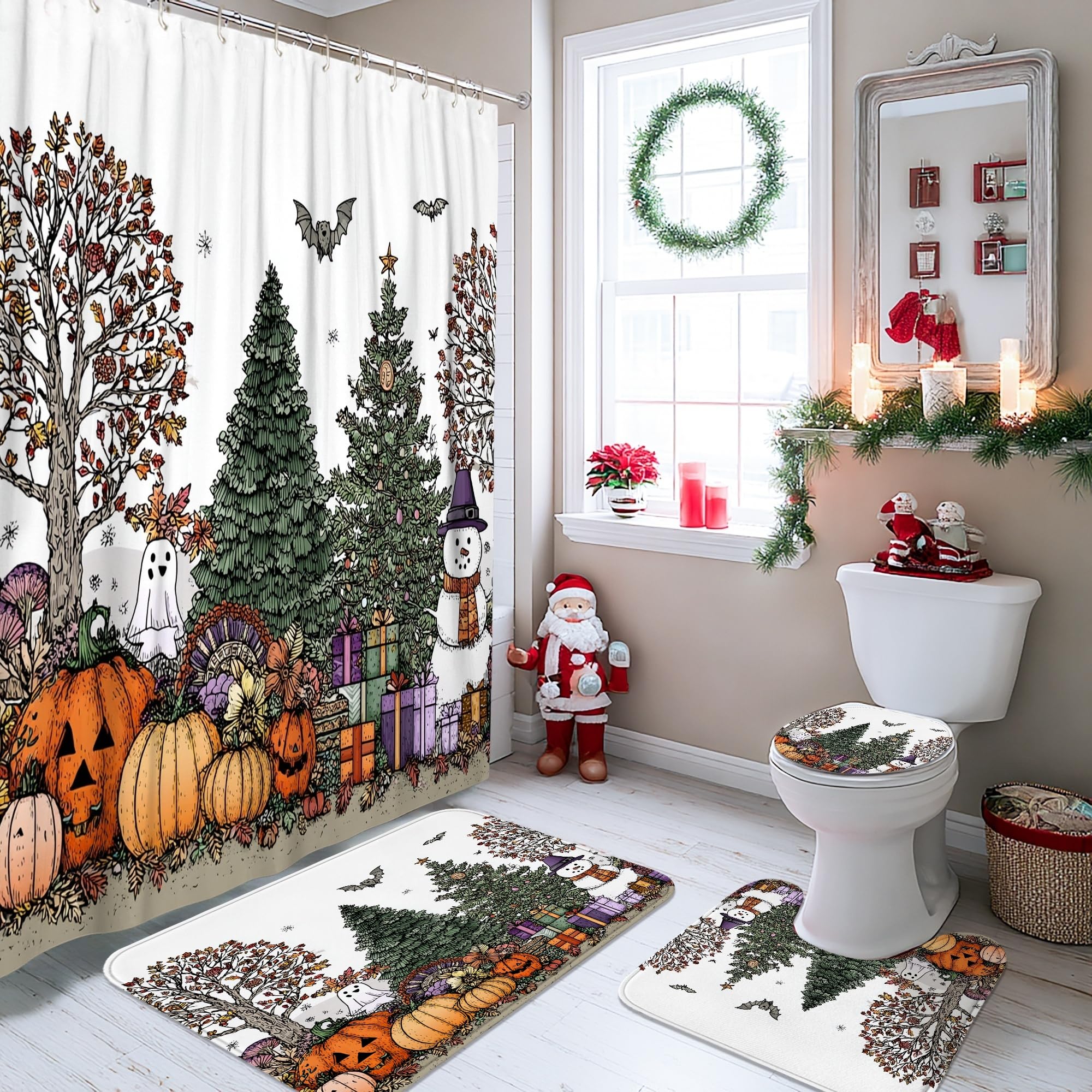 Rideau de douche Halloween et Noël orange en tissu imperméable avec motif citrouille 183x183