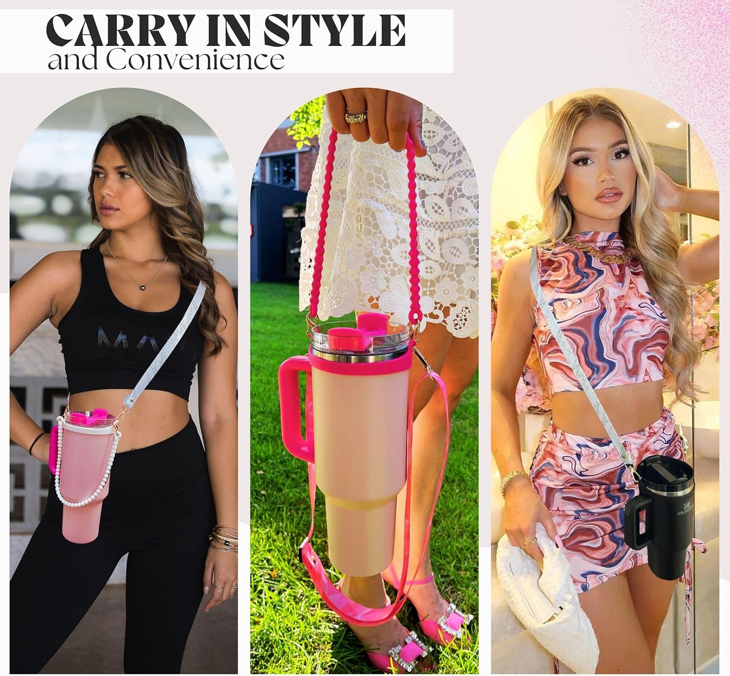 Water Bottle Tumbler Stanley Cup Strap and Handle Carrying Accessories Pink Prism Strap with Pink Silicone Handle – fits Universal 8 – 30/40 oz Bottle Sizes - Image 6