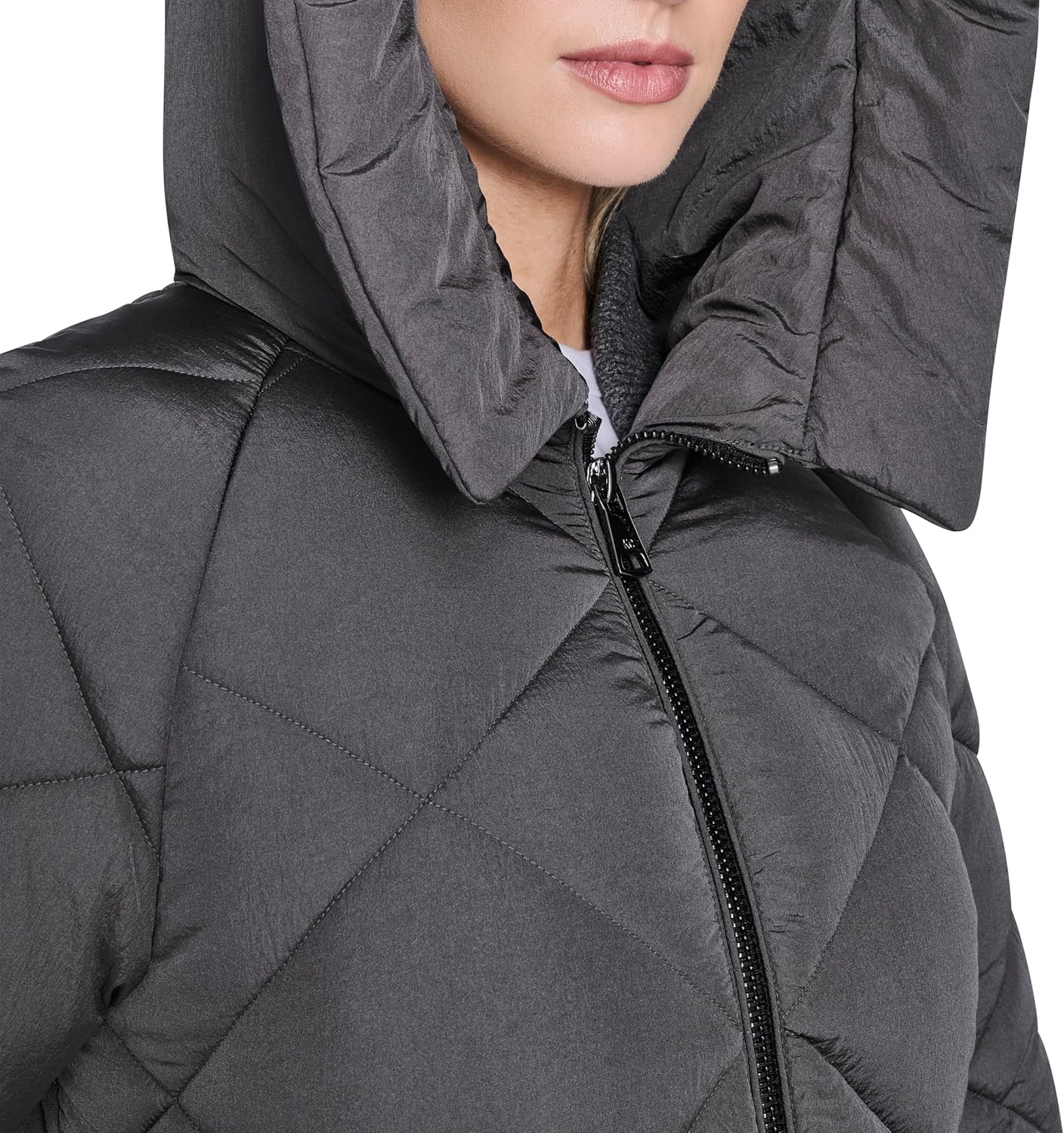 Kenneth Cole Women's Diamond Quilted Crinkle Nylon Puffer With Attached Hood - Image 6