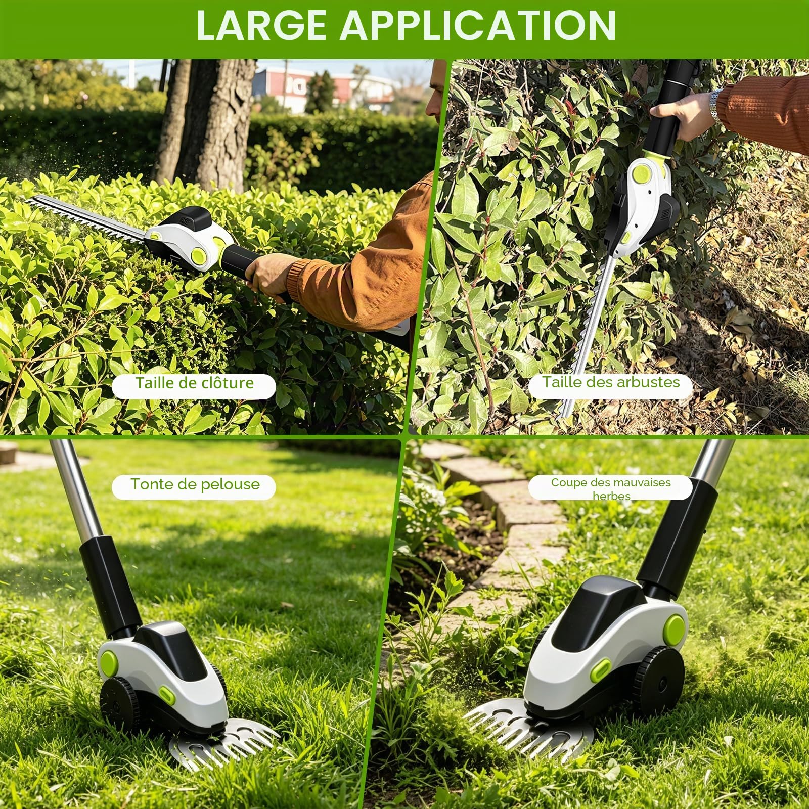 2 en 1 Taille Haie et Cisaille à Gazon, Taille Haie Electrique sans Fil avec 2 Batterie et Câble de Charge, Sécateur Electrique avec Téléscopique pour Arbustes Jardin Gazon Pelouse