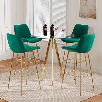 5 Piece Pub Dining Set, Modern Round Bar Table and Chairs for 4, 30" Counter Height Barstools and Glass Kitchen Table Set, 31" Small Dining Table with 4 StoolsGreen