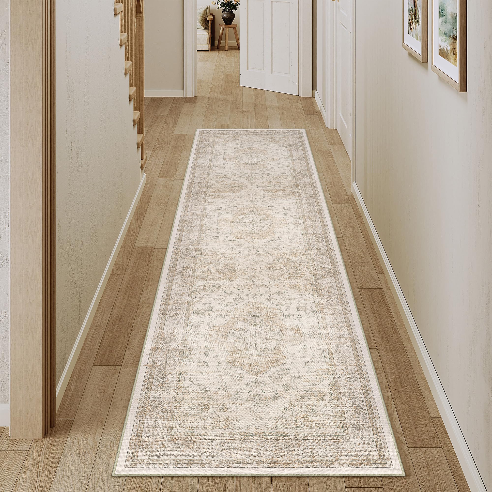 PureCozy Runner Beige Rugs for Hallway 60x240cm Long Vintage Washable Area Rug Non Slip Soft Distressed Traditional Carpet for Lounge Bedroom Kitchen Bedside Office Corridor Porch — image 1