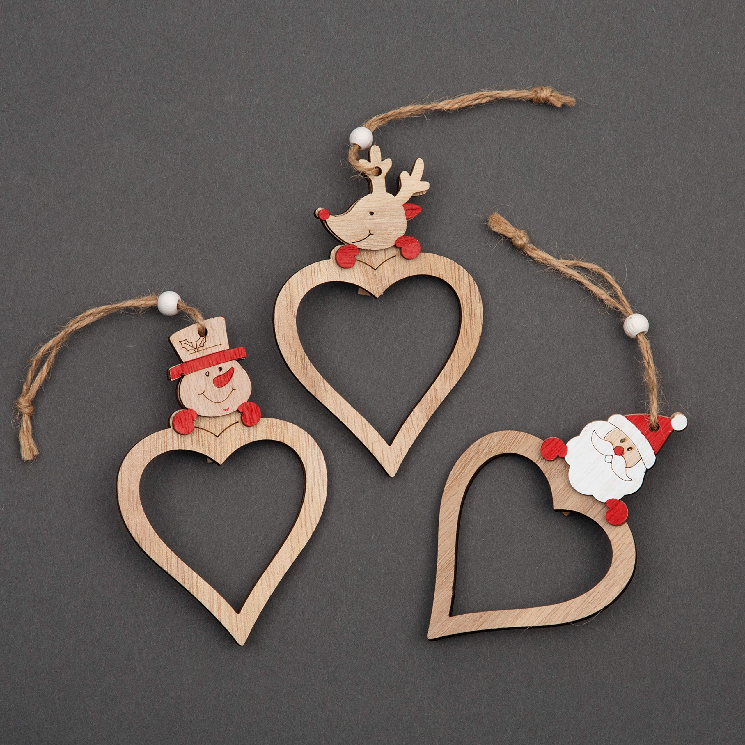 SHATCHI Christmas Tree Ornaments Wooden Aesthetic Hanging Decorations set of 3 pcs Xmas DIY Holiday Home Décor – Heart Shape Santa, Reindeer, Snowman pieces(9cm)