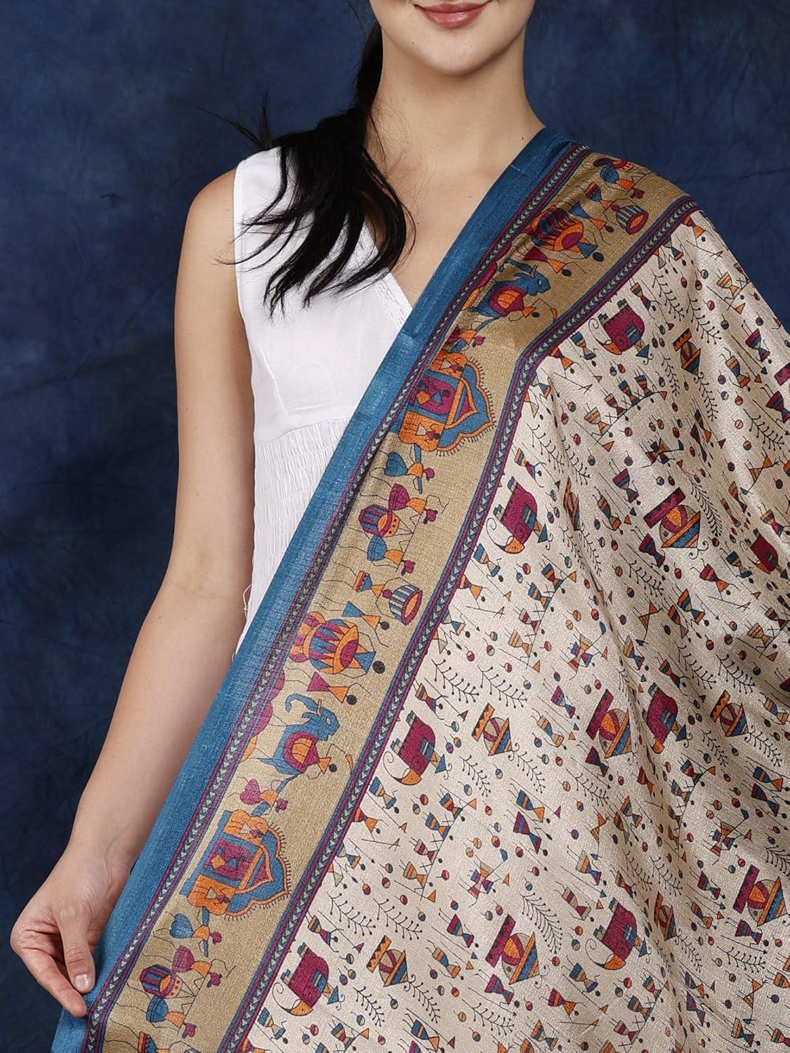 Exotic India Women's Art Silk Dupatta with Printed Warli Folk Art Motifs | Beautiful Designer Stole, Chunni For Girls - Image 5