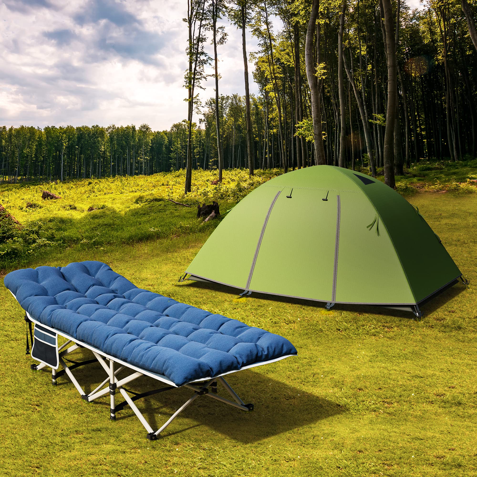 YITAHOME Letti da Campeggio Pieghevoli per Adulti, Robusta Lettino da Campo con Materasso Extra Spesso, Lettino per Dormire con Tubi Più Spessi per Ufficio da Viaggio all'aperto, Blu
