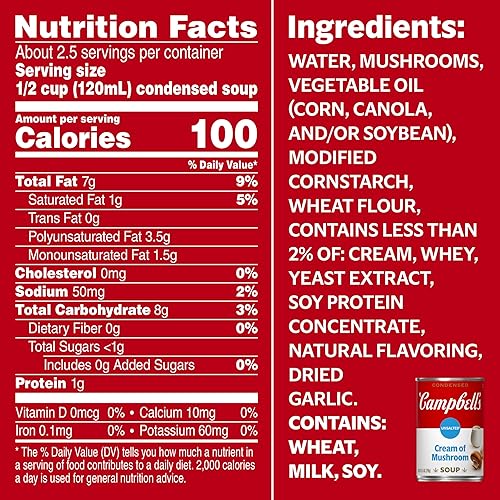 Miniatura 2 de Campbell's Crema condensada sin sal de sopa de champiñones, lata de 10.5 onzas (paquete de 12), marca es Campbell''s
