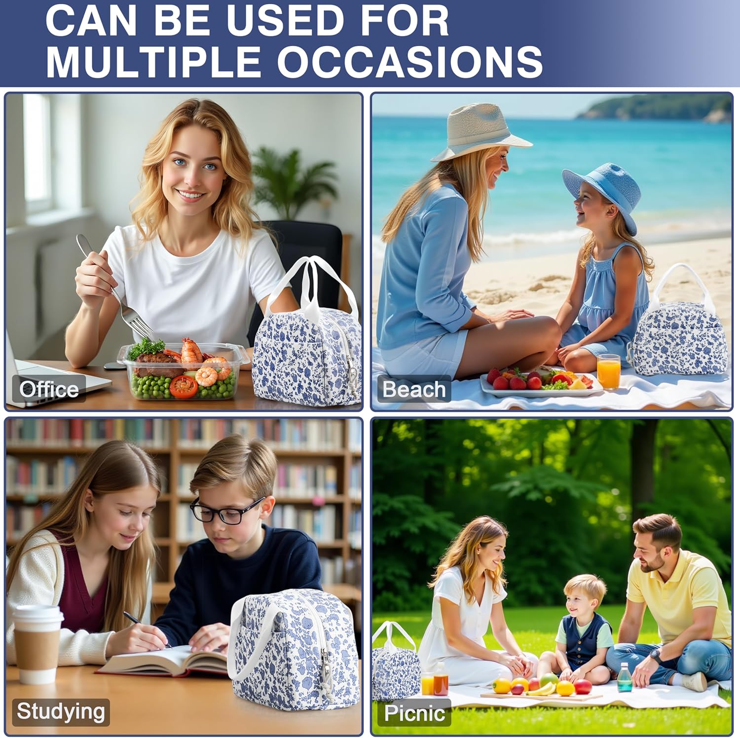 Lunch Bag - Insulated Lunch Box for Women, Reusable Large Capacity Cooler Bag for Adult, Small Leakproof Cute Corduroy Lunch Tote for Work Office Travel Picnic (Corduroy Navy Blue-Flower) - Image 6