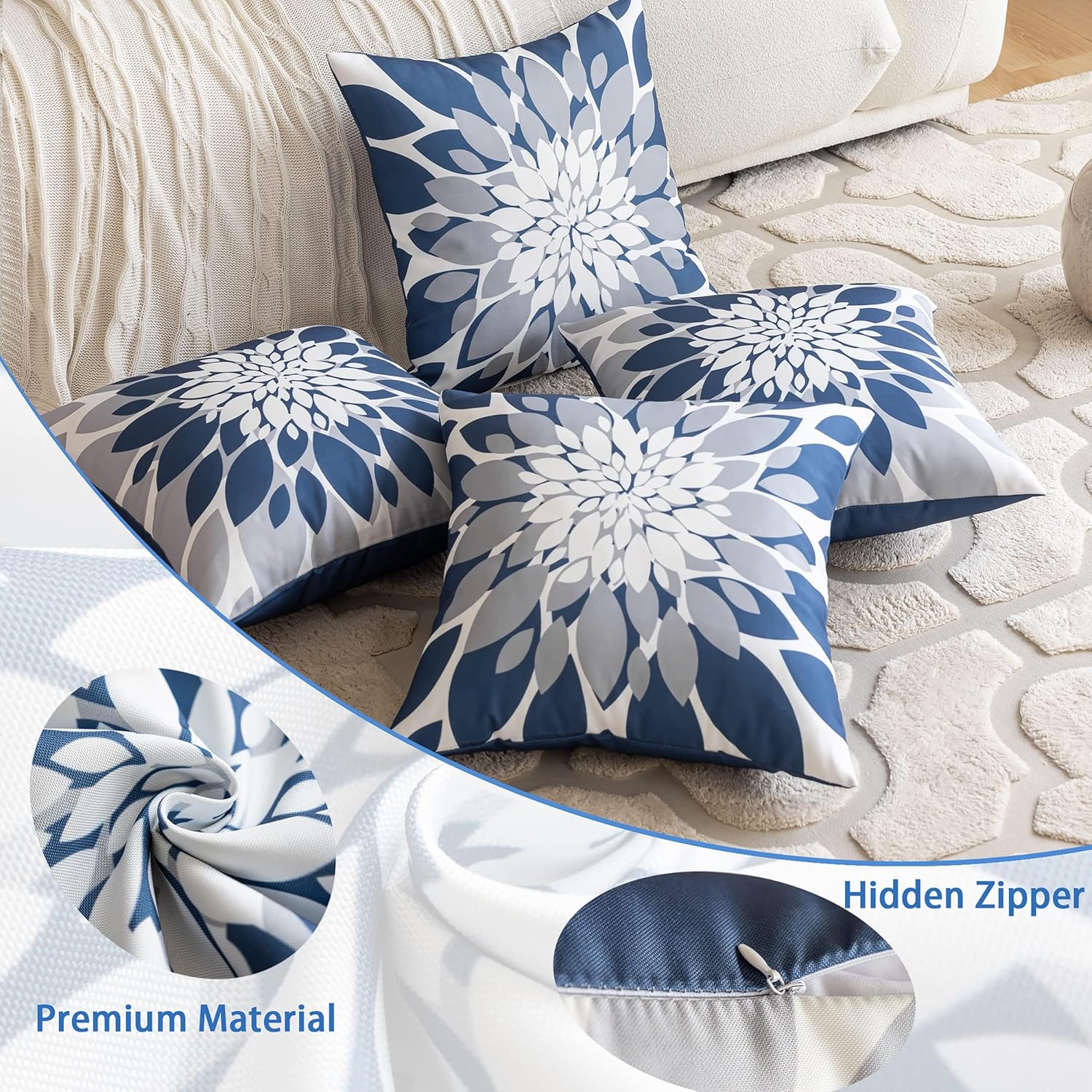 Qahing Pack of 4 Outdoor Waterproof Pillow Covers 24x24 Decorative Outdoor Throw Pillows Garden Square Cases for Patio Furniture, Couch, Tent Sunbrella, Bench, Blue Grey