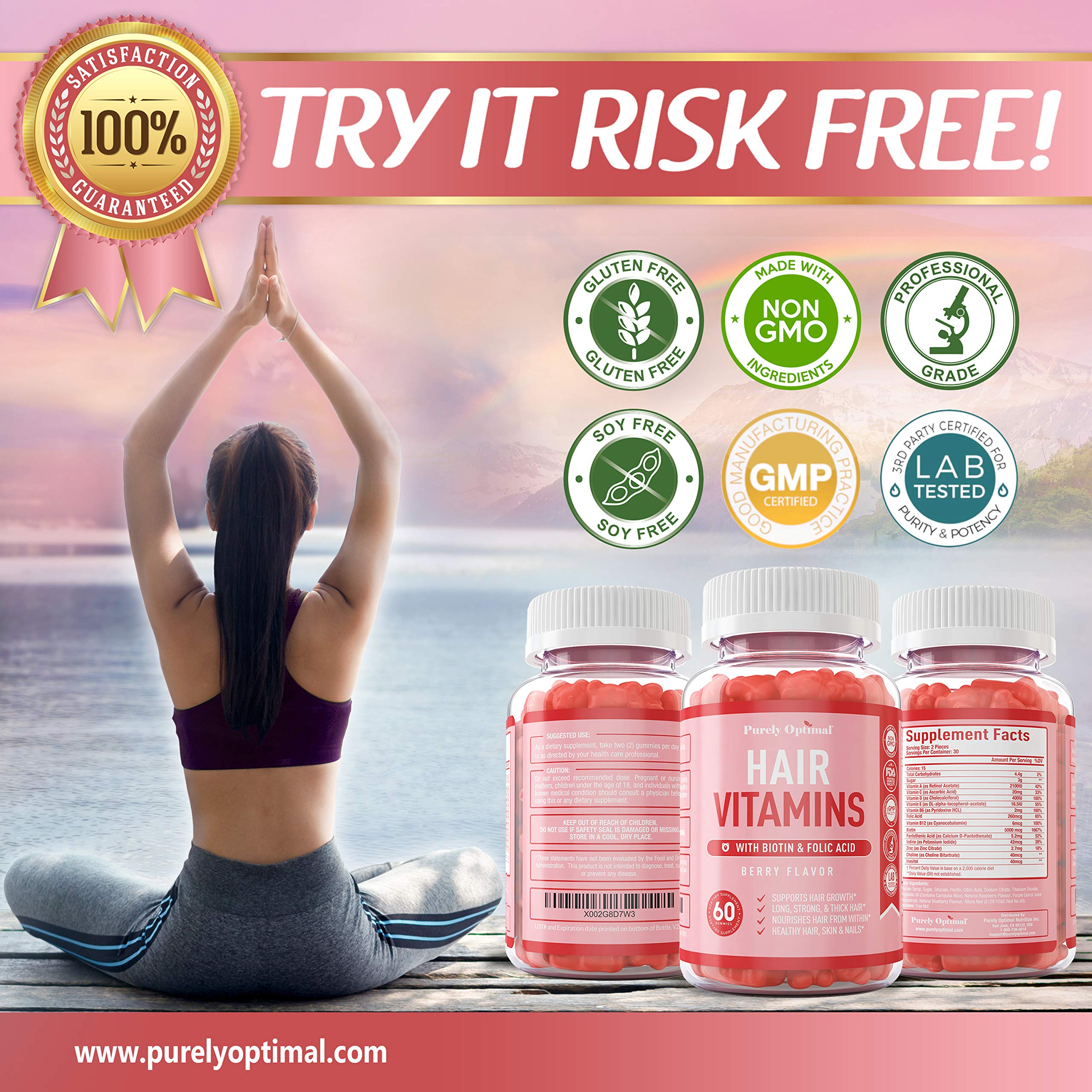 Premium Hair Vitamins Supplement Gummy Vitamins w/ Biotin, Folic Acid