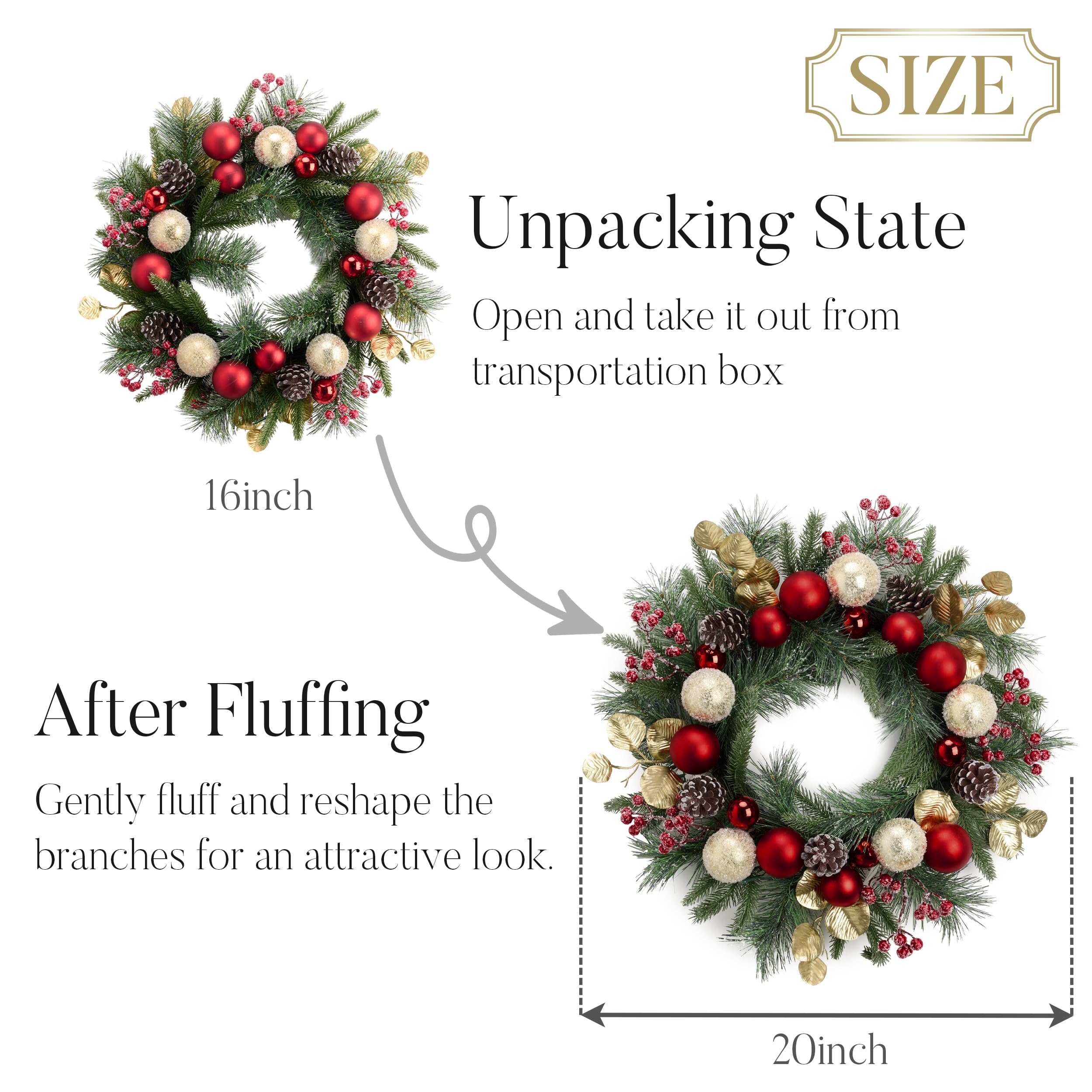 Valery Madelyn Ghirlanda natalizia pre-illuminata per porta d'ingresso con luci, 50 cm, grande ghirlanda di Chritsmas con bacche di pino rosse palline di Natale per camino, finestra, tavolo esterno