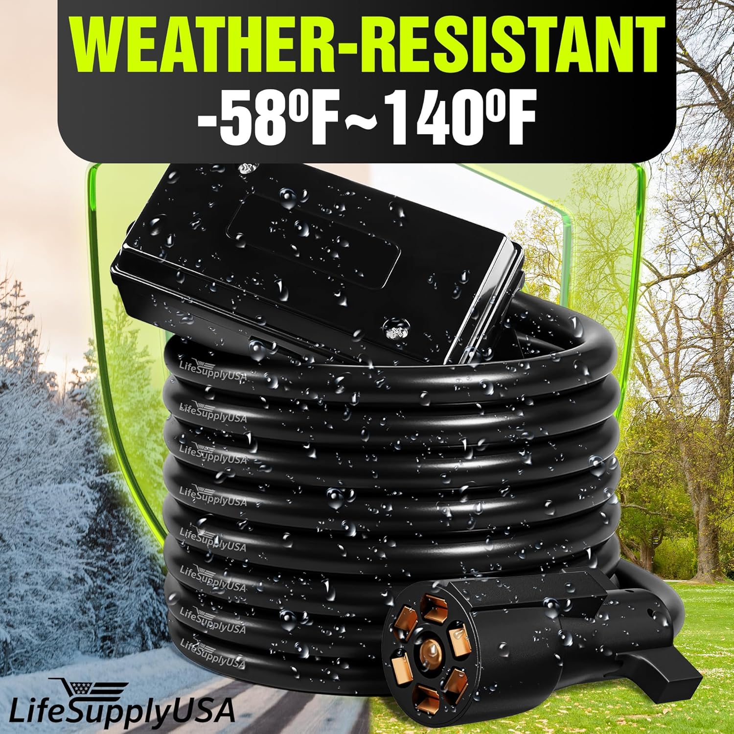 LifeSupplyUSA 7 Way Trailer Plug Heavy Duty Inline Trailer Cord (8ft + Junction Box)