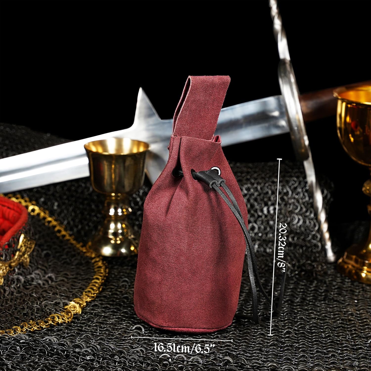 Mythrojan Drawstring Belt Bag Renaissance Costume Accessories Medieval Suede Leather Purse Viking Coin Jewelry Pouch Waist Bag for LARP, Festivals, Renfaire, Reenactments - Wine Red, 8" x 6.5" - Image 4